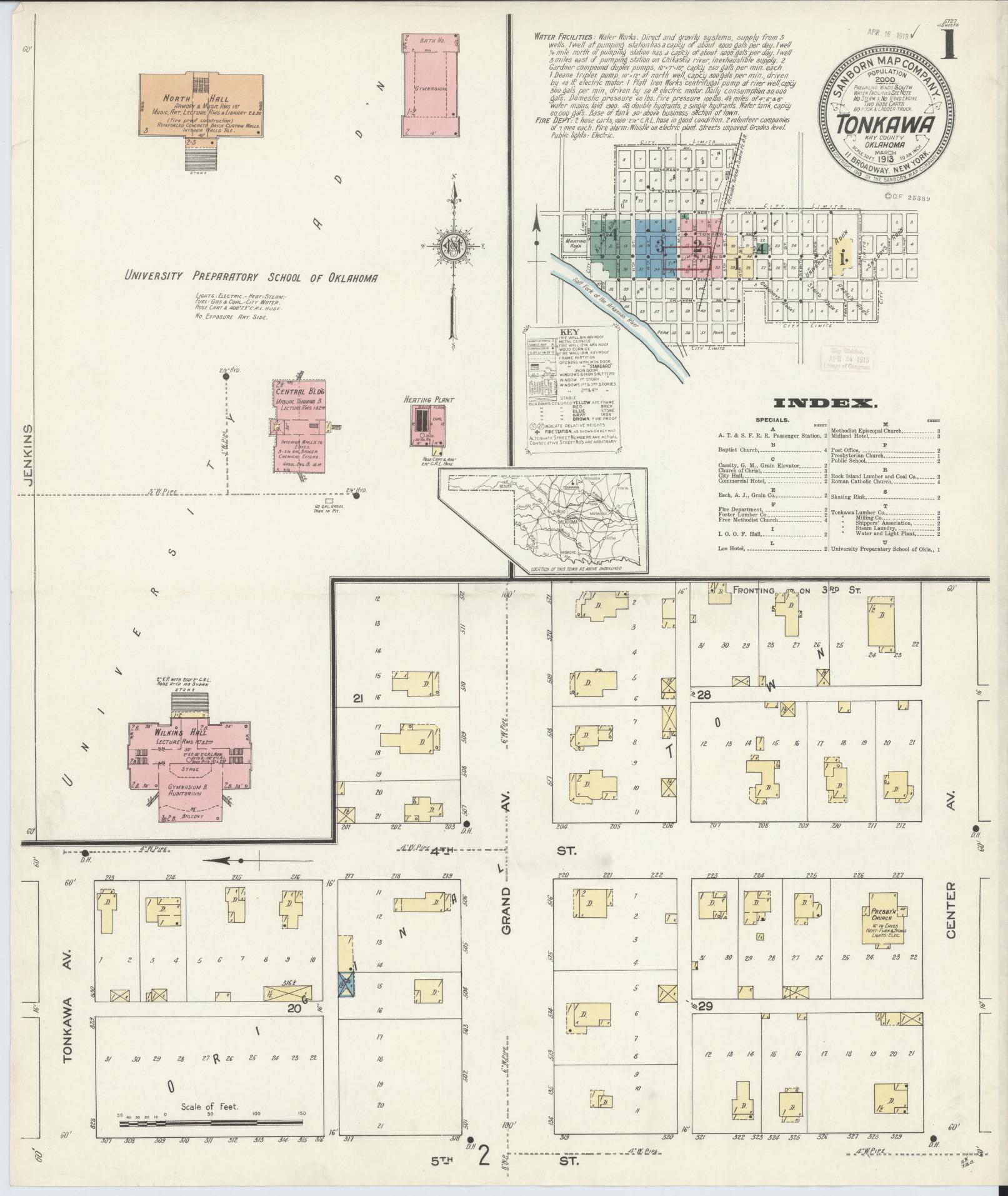 Sanborn Fire Insurance Map from Tonkawa, Kay County, Oklahoma (1913), Sheet #0001 - Historic Sanborn Fire Insurance Map Print, vintage old map wall art, antique decor, genealogy gift, Oklahoma Oklahoma map