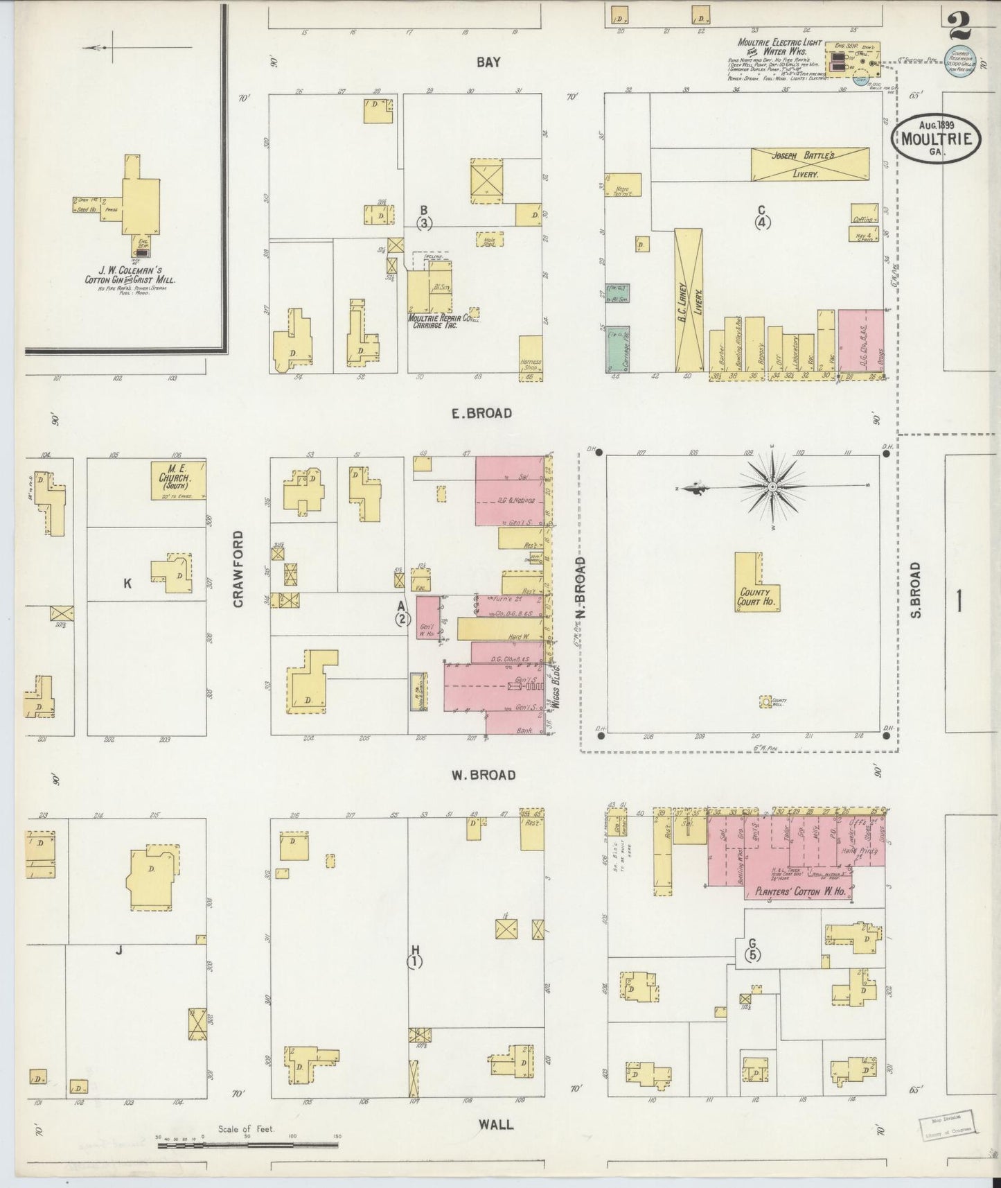 Sanborn Fire Insurance Map from Moultrie, Colquitt County, Georgia (1899), Sheet #0002 - Complete Map Set gallery image, historic Sanborn map, vintage wall art, Georgia Georgia