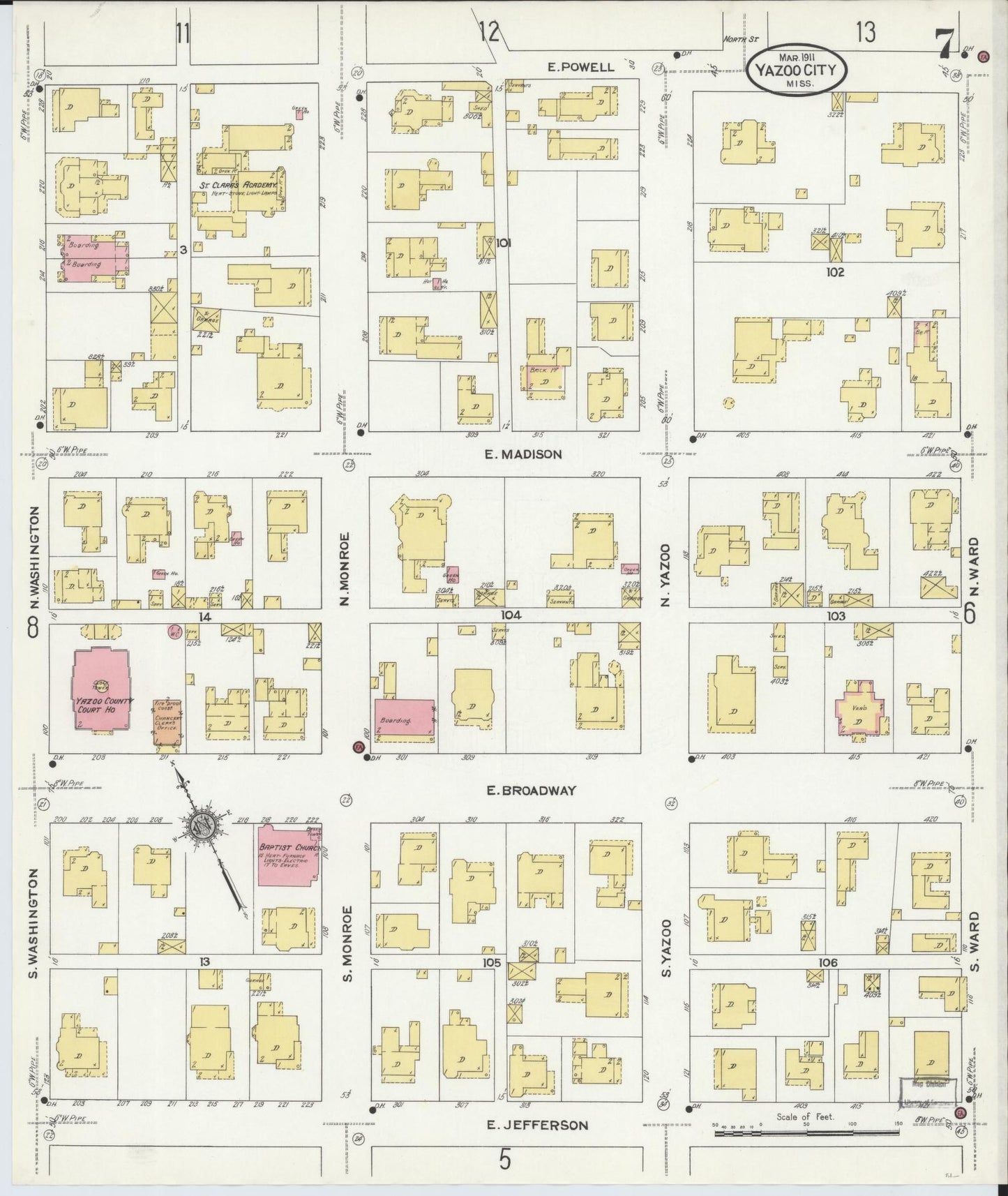 Sanborn Fire Insurance Map from Yazoo City, Yazoo County, Mississippi (1911), Sheet #0007 - Complete Map Set gallery image, historic Sanborn map, vintage wall art, Mississippi Mississippi
