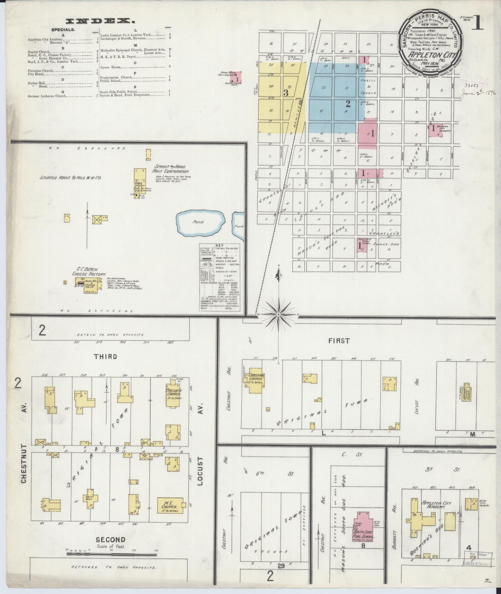 Sanborn Fire Insurance Map from Appleton City, Saint Clair County, Missouri (1896), Sheet #0001 - Historic Sanborn Fire Insurance Map Print, vintage old map wall art, antique decor, genealogy gift, Missouri Missouri map