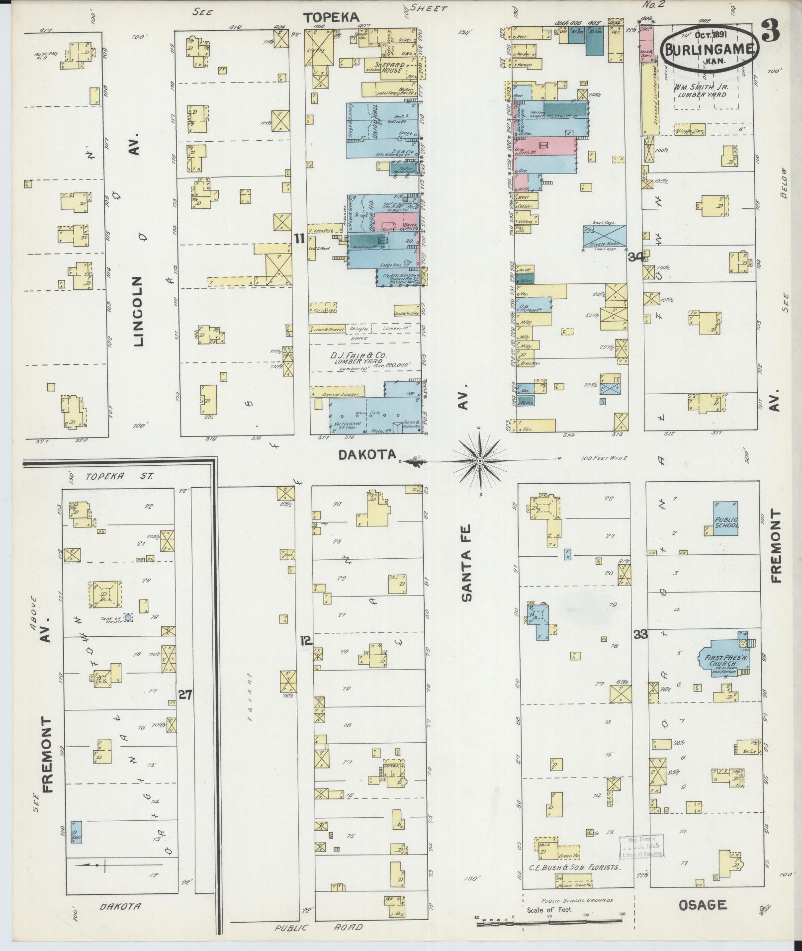 Sanborn Fire Insurance Map from Burlingame, Osage County, Kansas (1891), Sheet #0003 - Complete Map Set gallery image, historic Sanborn map, vintage wall art, Kansas Kansas