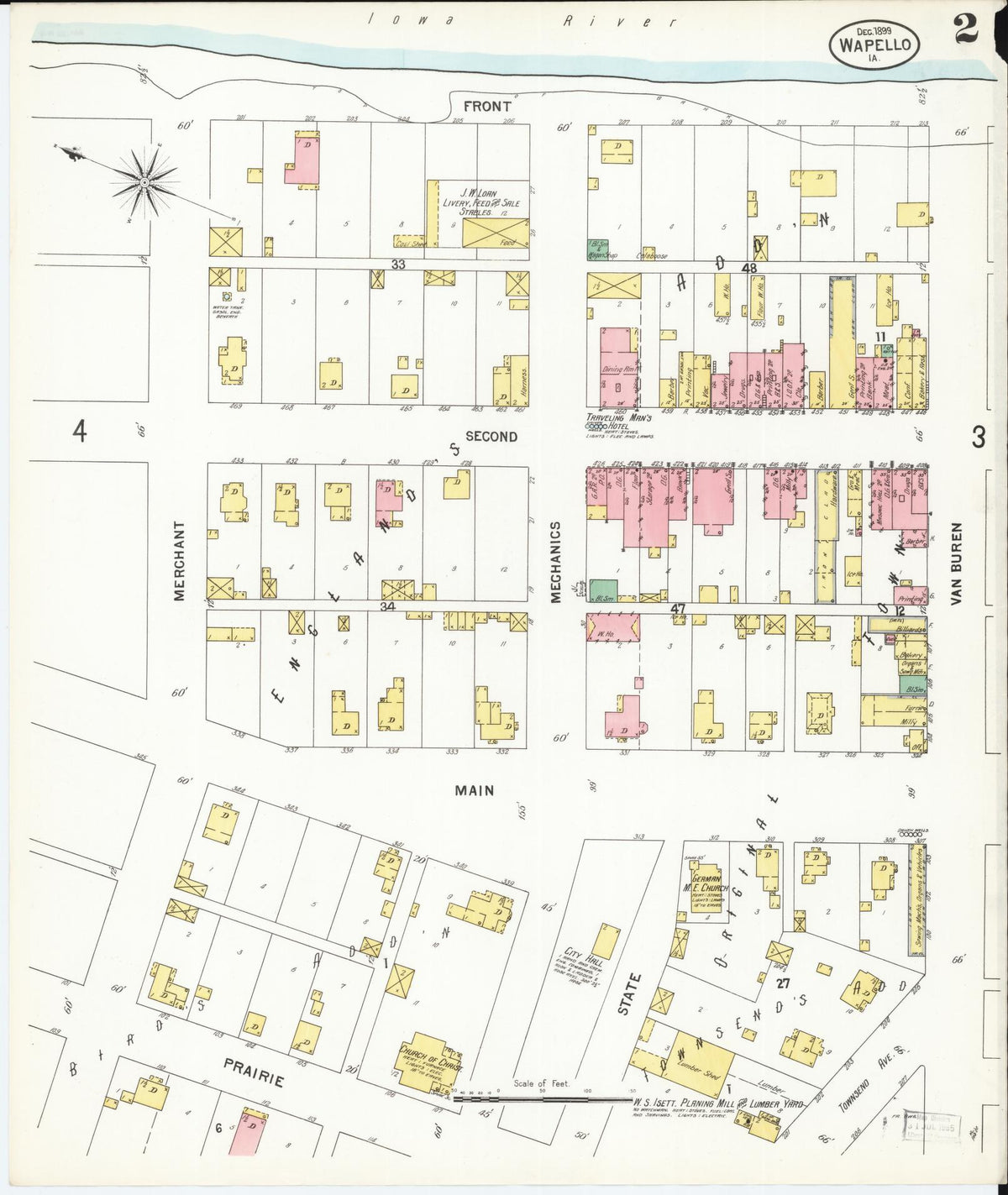 Sanborn Fire Insurance Map from Wapello, Louisa County, Iowa (1899), Sheet #0002 - Historic Sanborn Fire Insurance Map Print, vintage old map wall art
