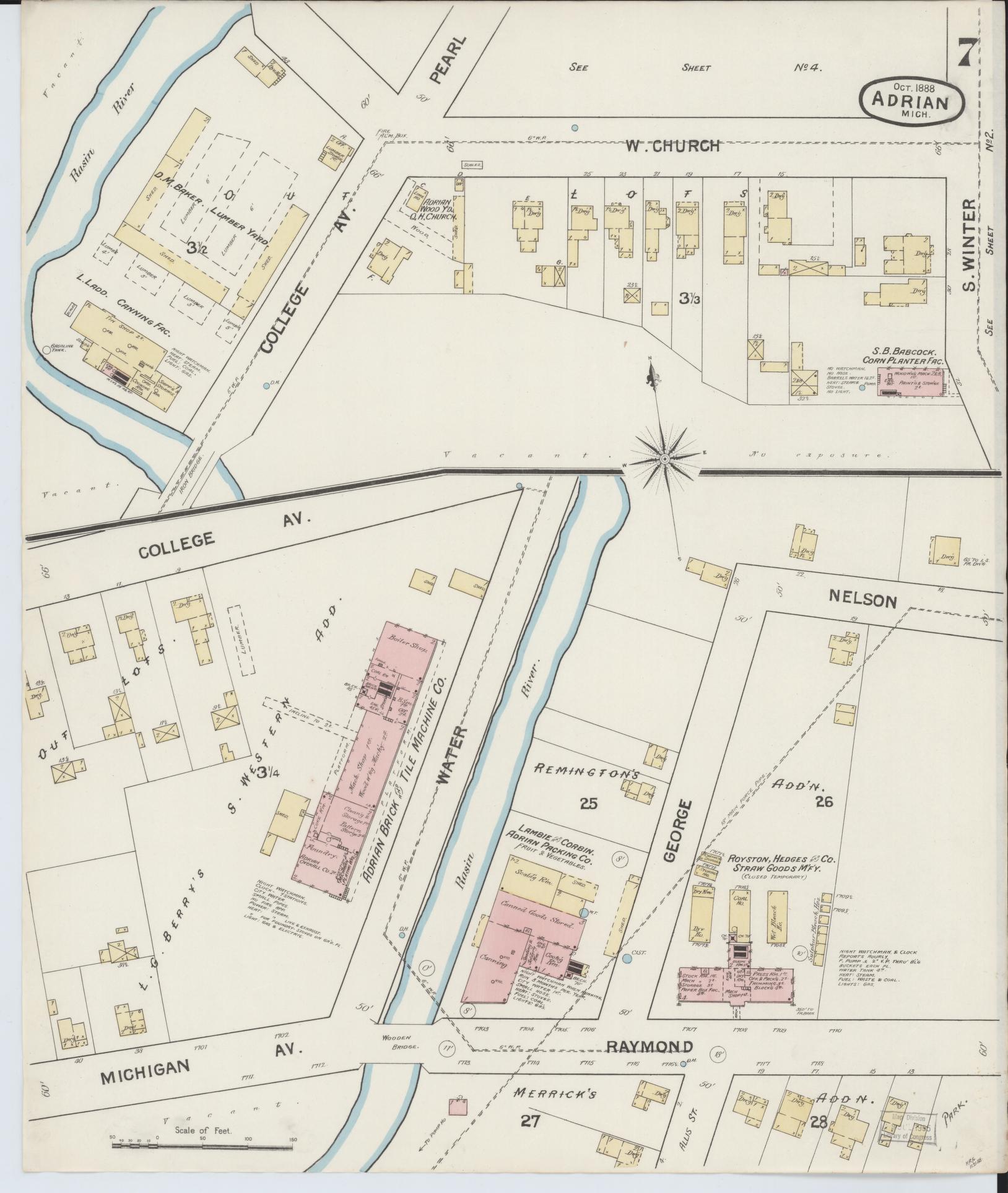 Sanborn Fire Insurance Map from Adrian, Lenawee County, Michigan (1888), Sheet #0007 - Complete Map Set gallery image, historic Sanborn map, vintage wall art, Michigan Michigan