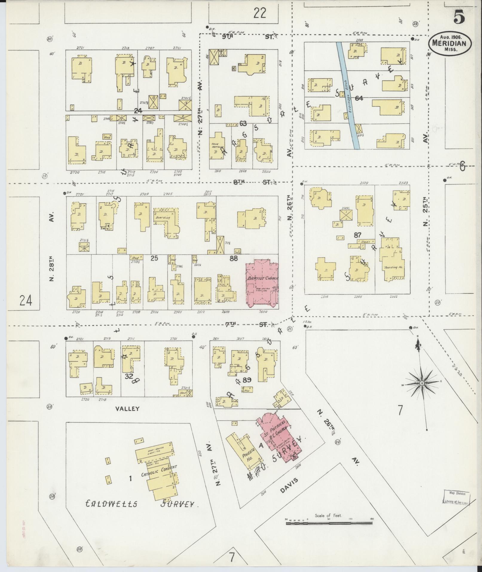 Sanborn Fire Insurance Map from Meridian, Lauderdale County, Mississippi (1906), Sheet #0005 - Complete Map Set gallery image, historic Sanborn map, vintage wall art, Mississippi Mississippi