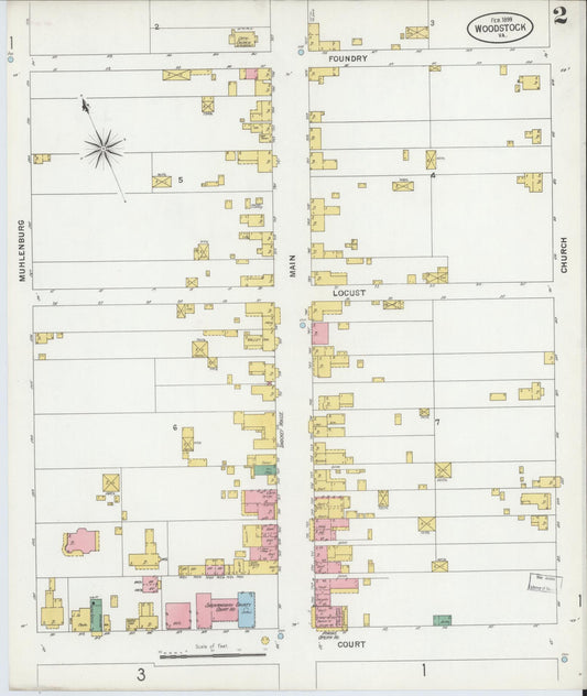Sanborn Fire Insurance Map from Woodstock, Shenandoah County, Virginia (1899), Sheet #0002 - Historic Sanborn Fire Insurance Map Print, vintage old map wall art, antique decor, genealogy gift, Virginia Virginia map