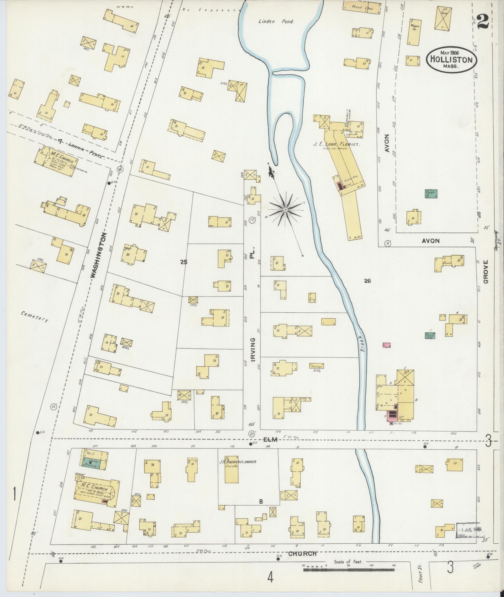 Sanborn Fire Insurance Map from Holliston, Middlesex County, Massachusetts (1906), Sheet #0002 - Complete Map Set gallery image, historic Sanborn map, vintage wall art, Massachusetts Massachusetts