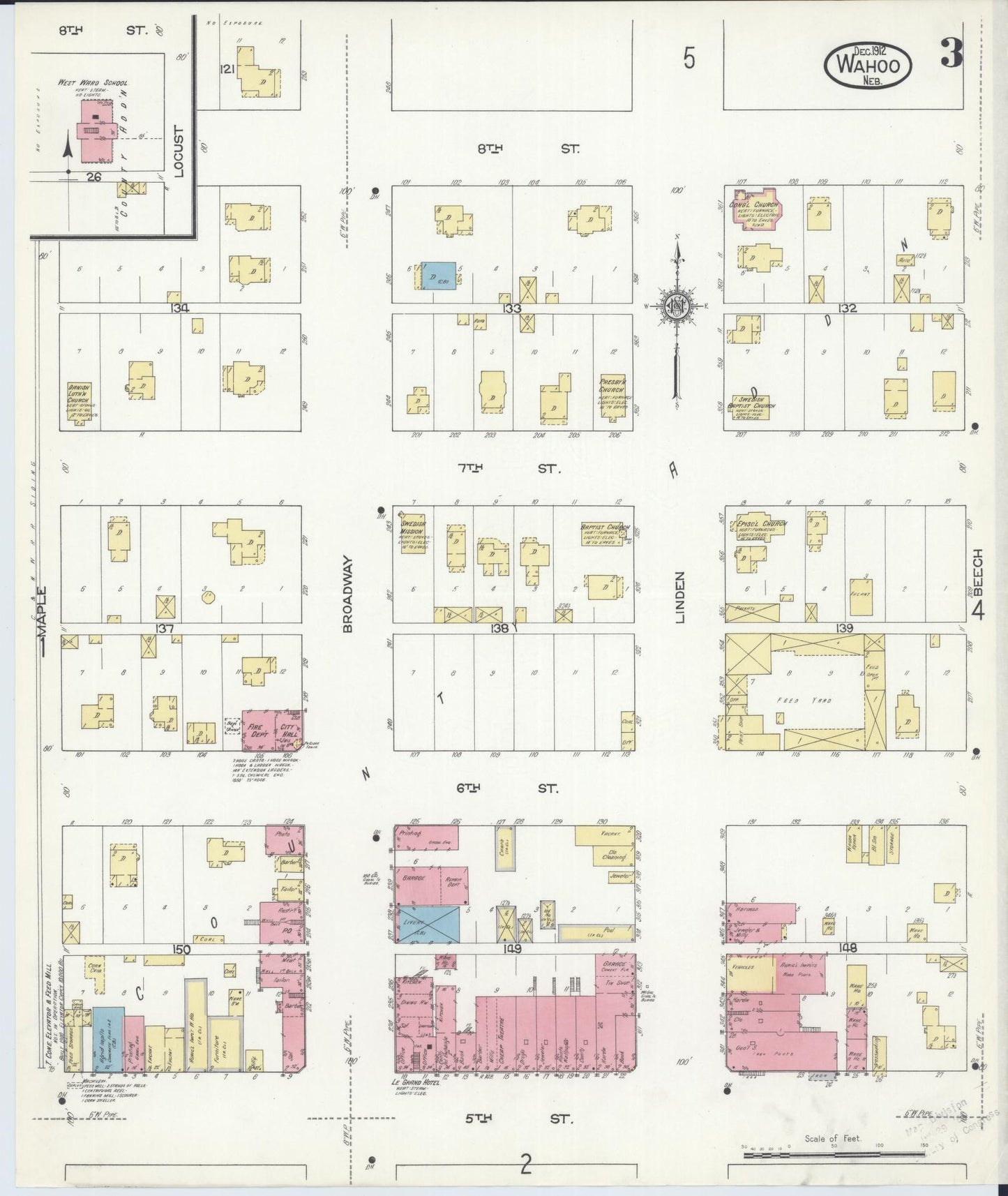 Sanborn Fire Insurance Map from Wahoo, Saunders County, Nebraska (1912), Sheet #0003 - Historic Sanborn Fire Insurance Map Print, vintage old map wall art, antique decor, genealogy gift, Nebraska Nebraska map