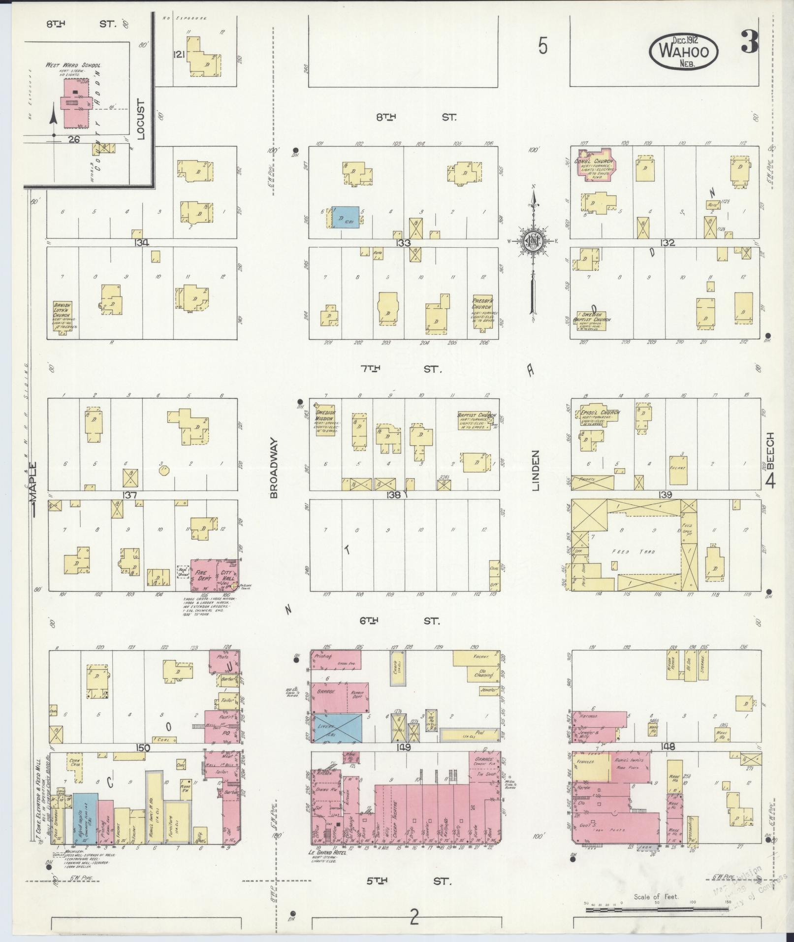 Sanborn Fire Insurance Map from Wahoo, Saunders County, Nebraska (1912), Sheet #0003 - Historic Sanborn Fire Insurance Map Print, vintage old map wall art, antique decor, genealogy gift, Nebraska Nebraska map