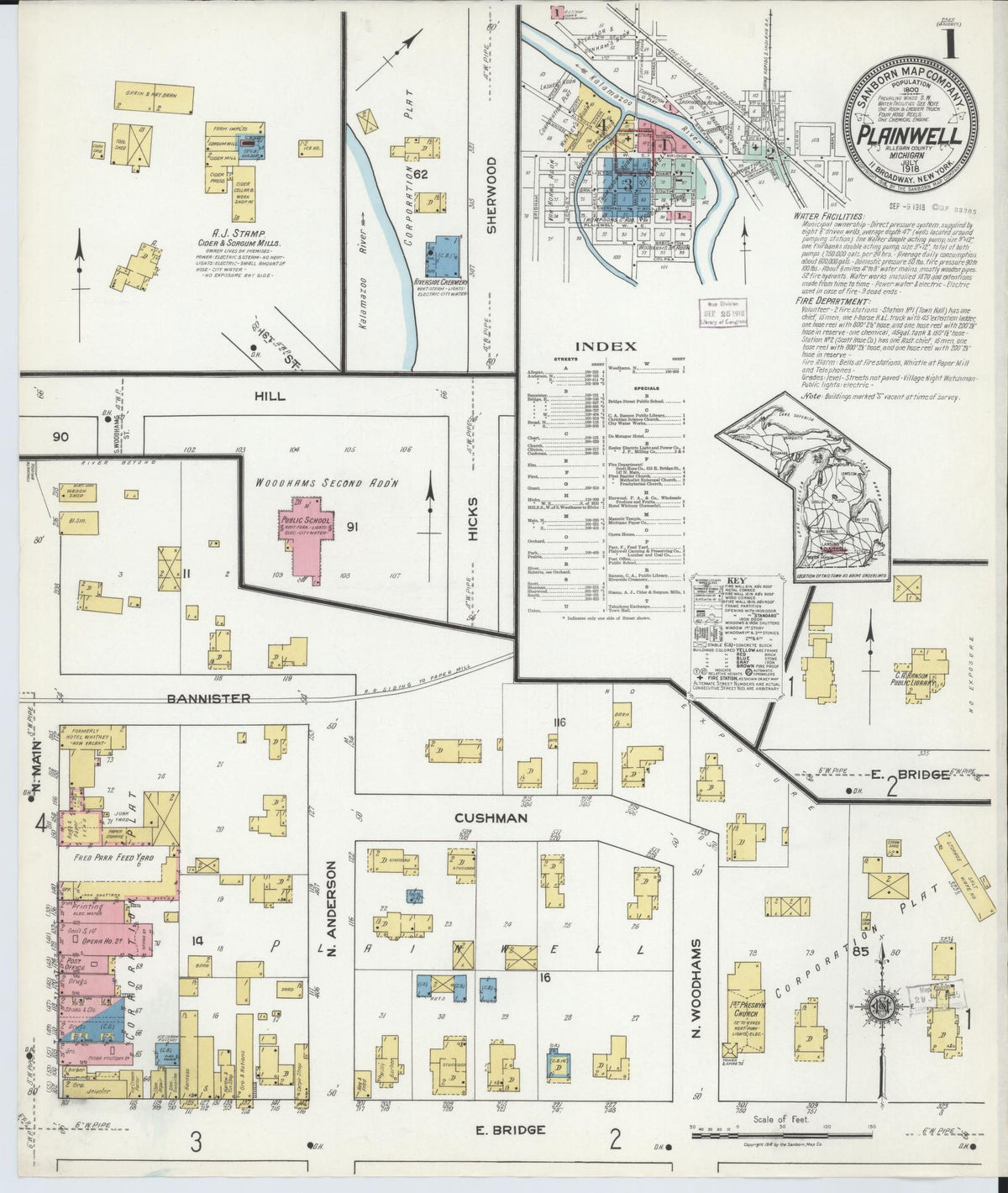 Sanborn Fire Insurance Map from Plainwell, Allegan County, Michigan (1918), Sheet #0001 - Historic Sanborn Fire Insurance Map Print, vintage old map wall art, antique decor, genealogy gift, Michigan Michigan map