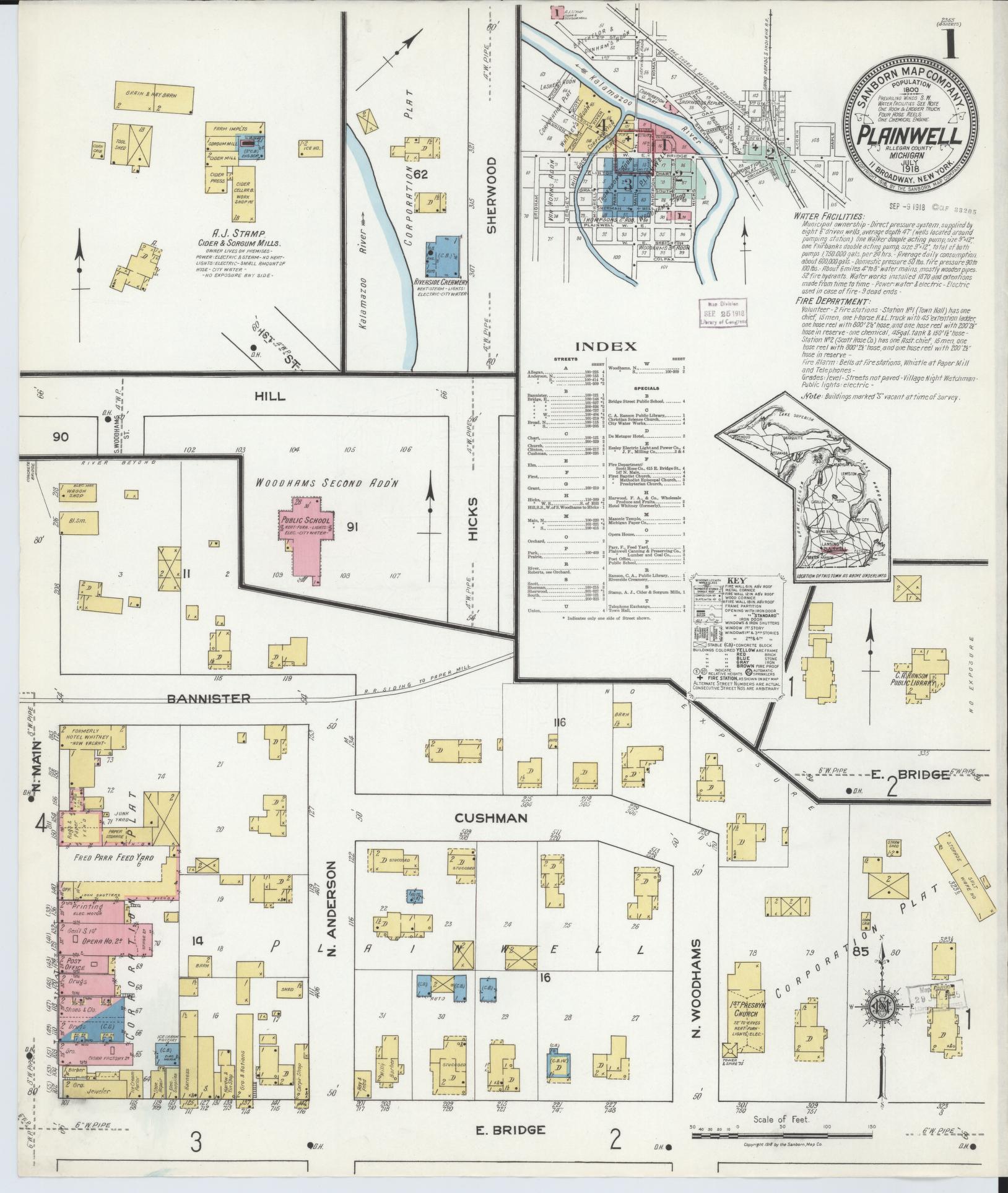 Sanborn Fire Insurance Map from Plainwell, Allegan County, Michigan (1918), Sheet #0001 - Historic Sanborn Fire Insurance Map Print, vintage old map wall art, antique decor, genealogy gift, Michigan Michigan map