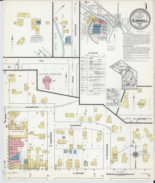 Sanborn Fire Insurance Map from Plainwell, Allegan County, Michigan (1918), Sheet #0001 - Historic Sanborn Fire Insurance Map Print, vintage old map wall art, antique decor, genealogy gift, Michigan Michigan map