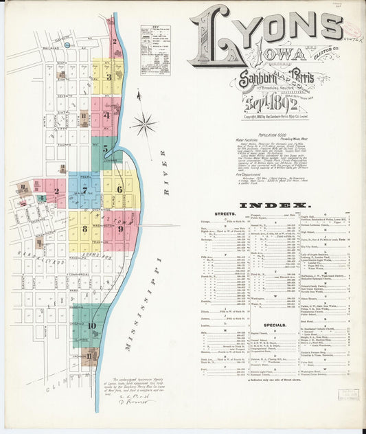 Sanborn Fire Insurance Map from Lyons, Clinton County, Iowa (1892), Sheet #0001 - Historic Sanborn Fire Insurance Map Print