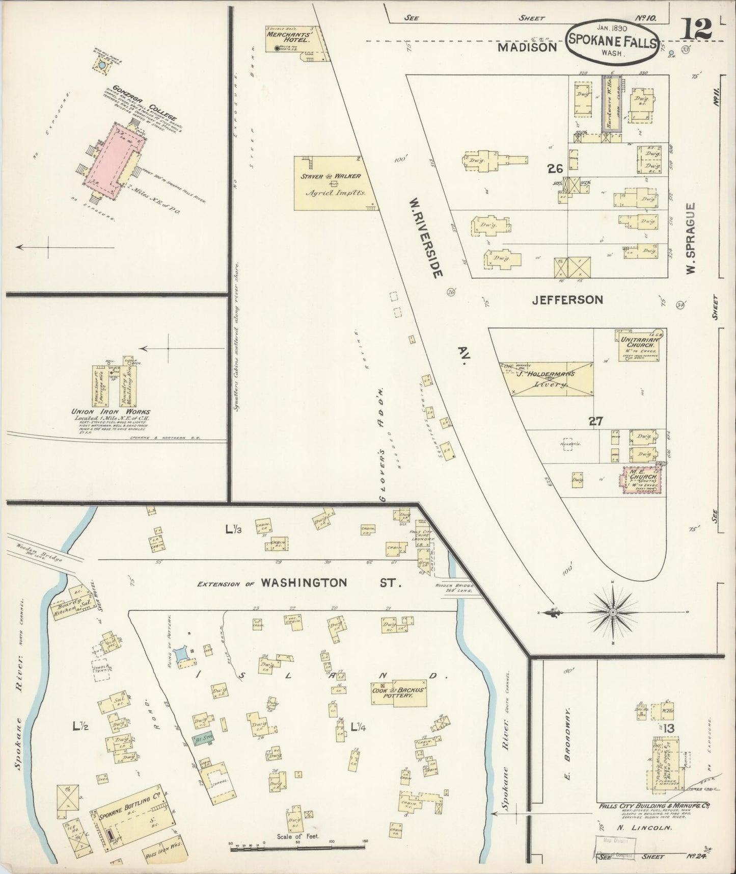 Sanborn Fire Insurance Map from Spokane, Spokane County, Washington (1890), Sheet #0012 - Complete Map Set gallery image, historic Sanborn map, vintage wall art, Washington Washington