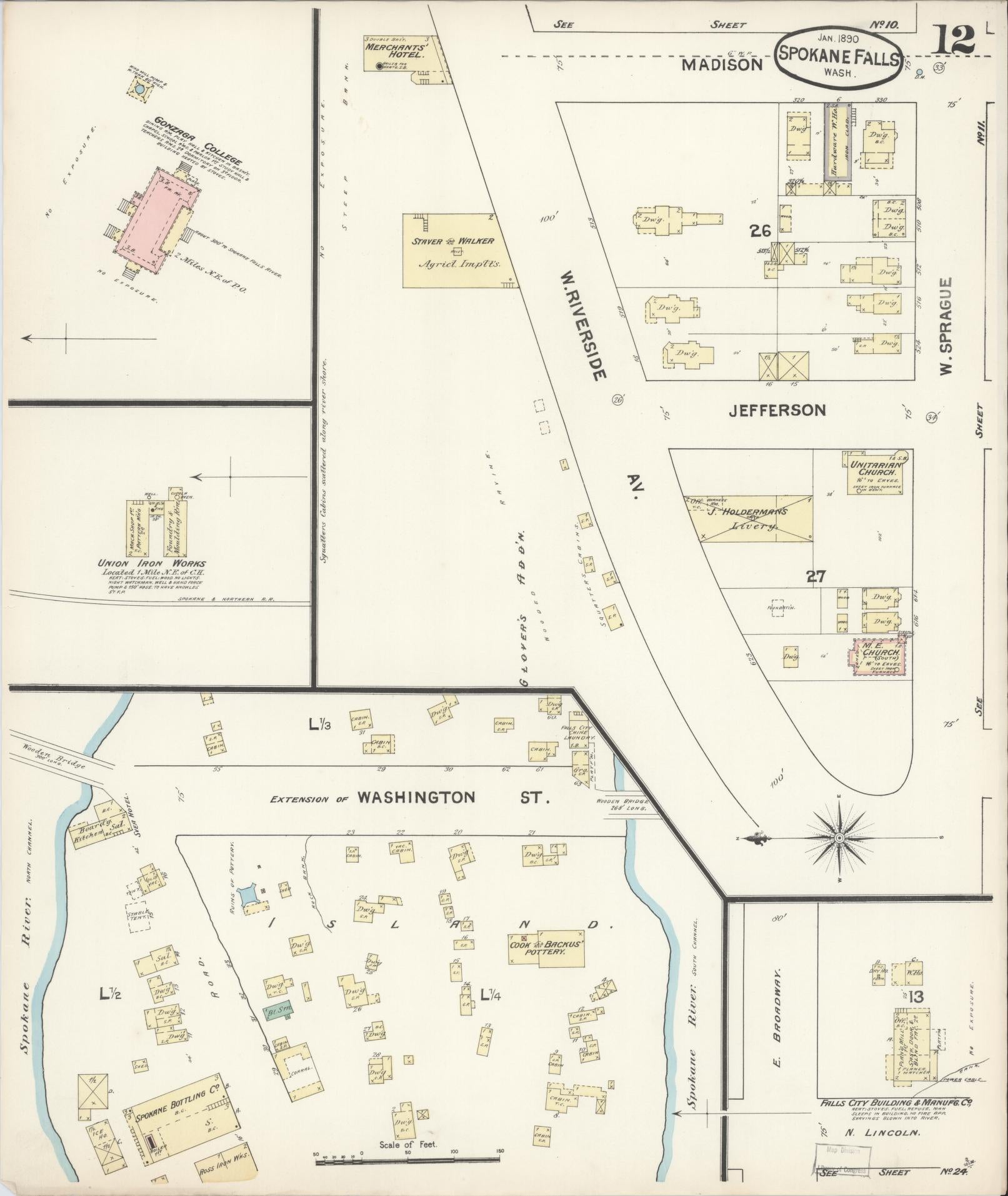 Sanborn Fire Insurance Map from Spokane, Spokane County, Washington (1890), Sheet #0012 - Complete Map Set gallery image, historic Sanborn map, vintage wall art, Washington Washington