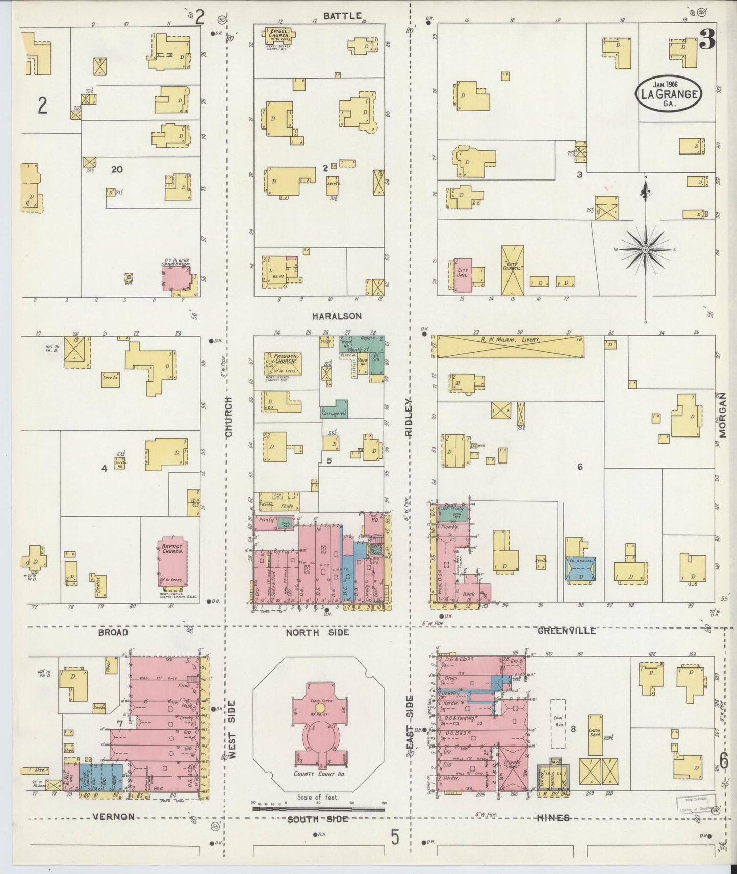 Sanborn Fire Insurance Map from La Grange, Troup County, Georgia (1906), Sheet #0003 - Complete Map Set gallery image, historic Sanborn map, vintage wall art, Georgia Georgia