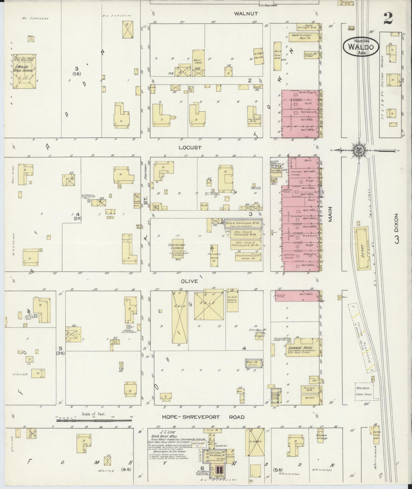 Sanborn Fire Insurance Map from Waldo, Columbia County, Arkansas (1914), Sheet #0002 - Historic Sanborn Fire Insurance Map Print, vintage old map wall art, antique decor, genealogy gift, Arkansas Arkansas map