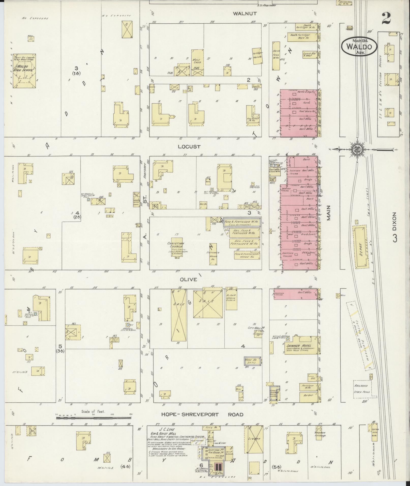Sanborn Fire Insurance Map from Waldo, Columbia County, Arkansas (1914), Sheet #0002 - Historic Sanborn Fire Insurance Map Print, vintage old map wall art, antique decor, genealogy gift, Arkansas Arkansas map