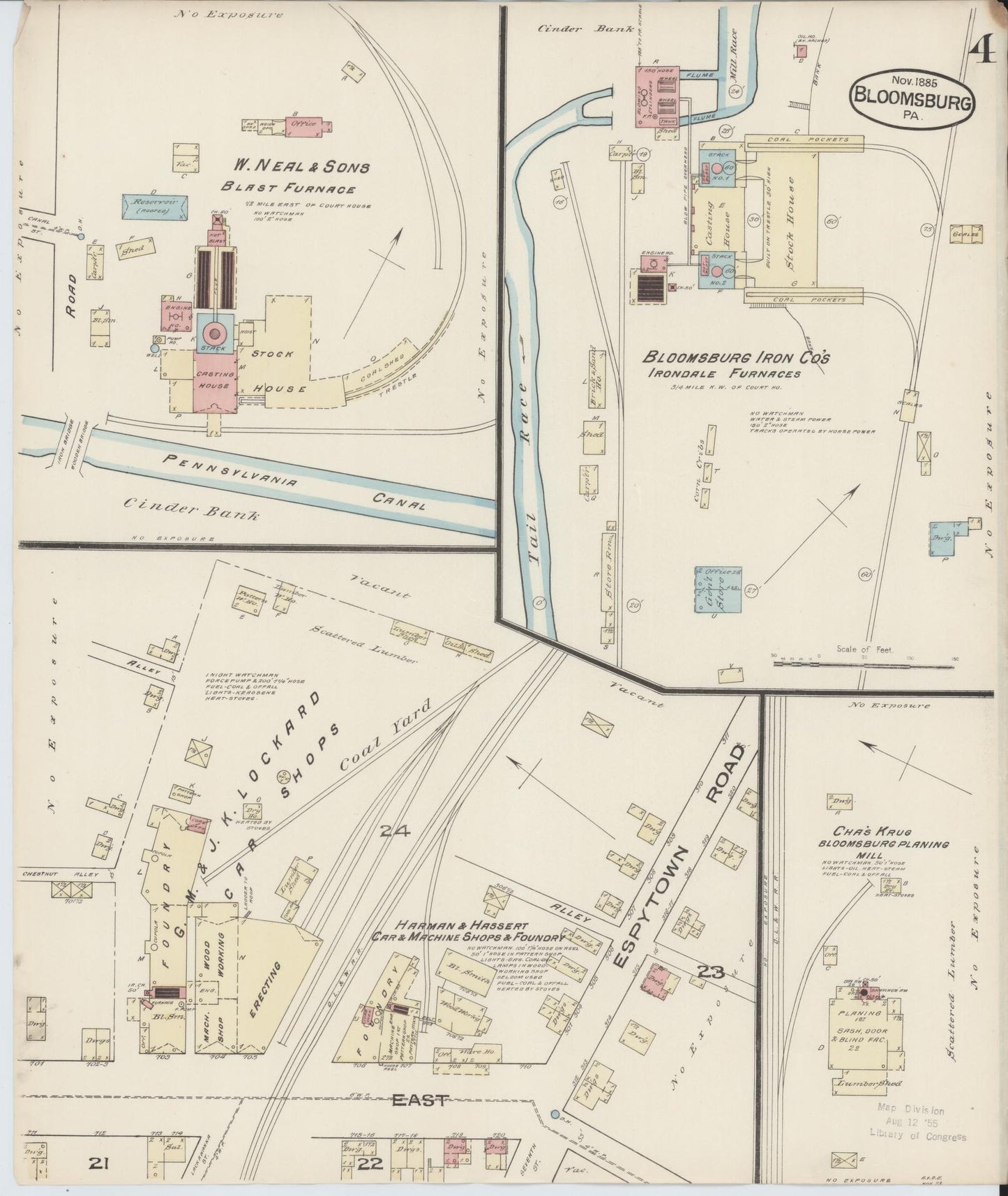 Sanborn Fire Insurance Map from Bloomsburg, Columbia County, Pennsylvania (1885), Sheet #0004 - Historic Sanborn Fire Insurance Map Print, vintage old map wall art, antique decor, genealogy gift, Pennsylvania Pennsylvania map