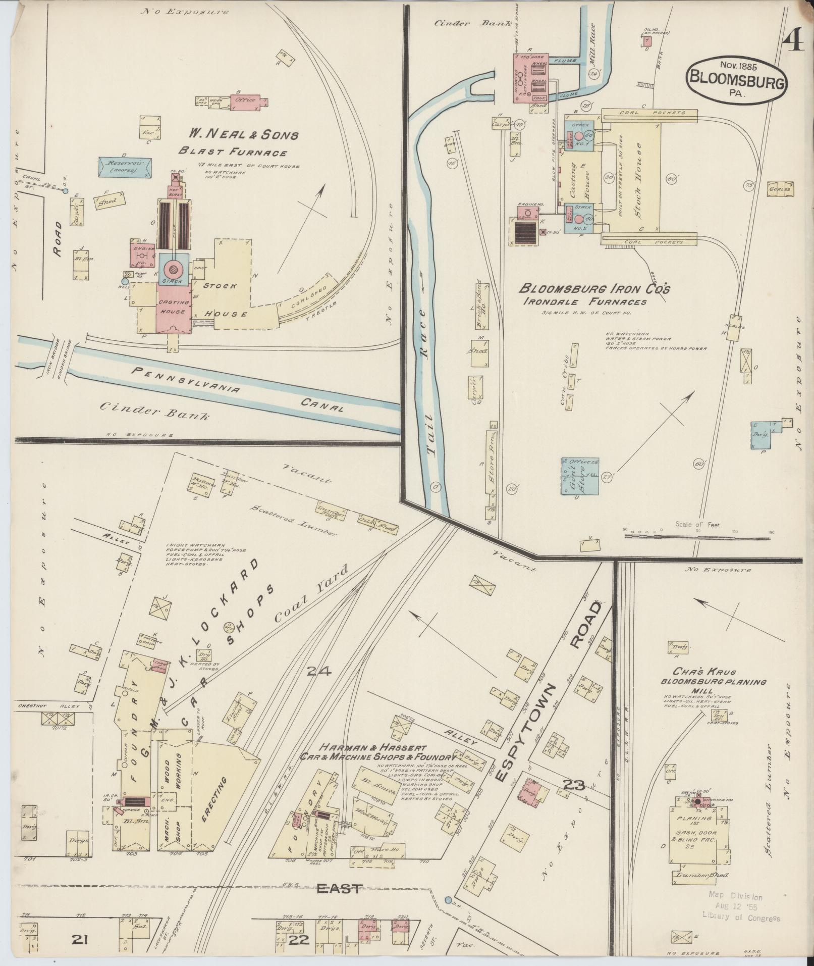 Sanborn Fire Insurance Map from Bloomsburg, Columbia County, Pennsylvania (1885), Sheet #0004 - Historic Sanborn Fire Insurance Map Print, vintage old map wall art, antique decor, genealogy gift, Pennsylvania Pennsylvania map