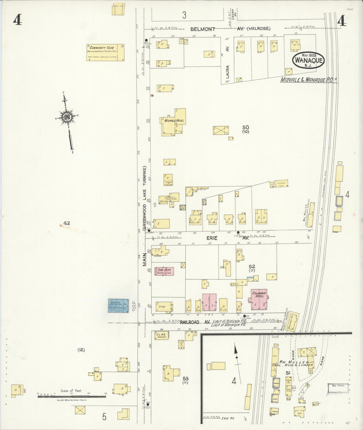 Sanborn Fire Insurance Map from Wanaque, Passaic County, New Jersey (1923), Sheet #0004 - Historic Sanborn Fire Insurance Map Print, vintage old map wall art, antique decor, genealogy gift, New Jersey New Jersey map