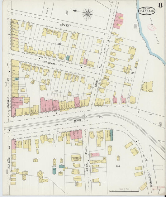 Sanborn Fire Insurance Map from Passaic, Passaic County, New Jersey (1894), Sheet #0008 - Historic Sanborn Fire Insurance Map Print, vintage old map wall art, antique decor, genealogy gift, New Jersey New Jersey map