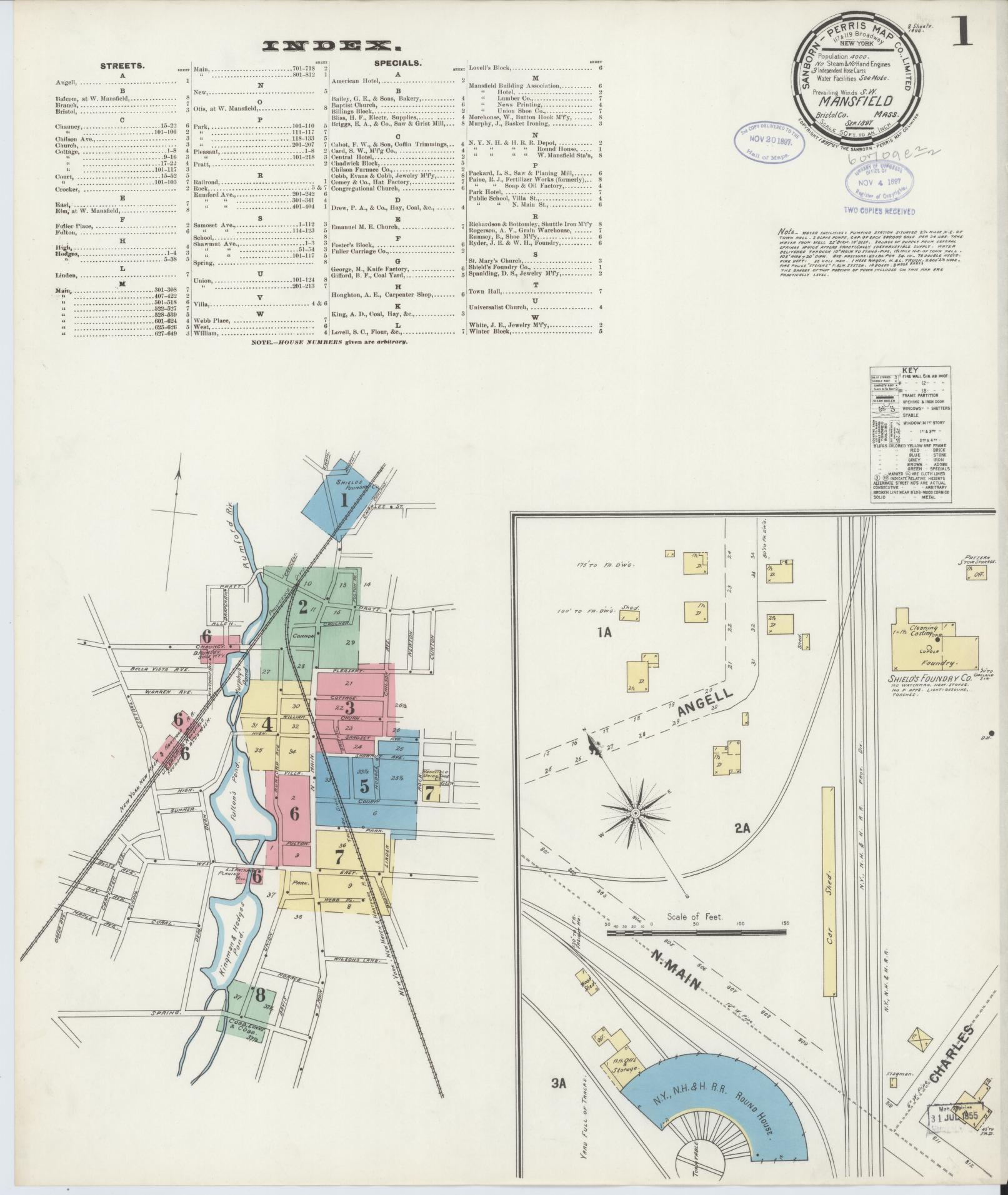Sanborn Fire Insurance Map from Mansfield, Bristol County, Massachusetts (1897), Sheet #0001 - Complete Map Set gallery image, historic Sanborn map, vintage wall art, Massachusetts Massachusetts