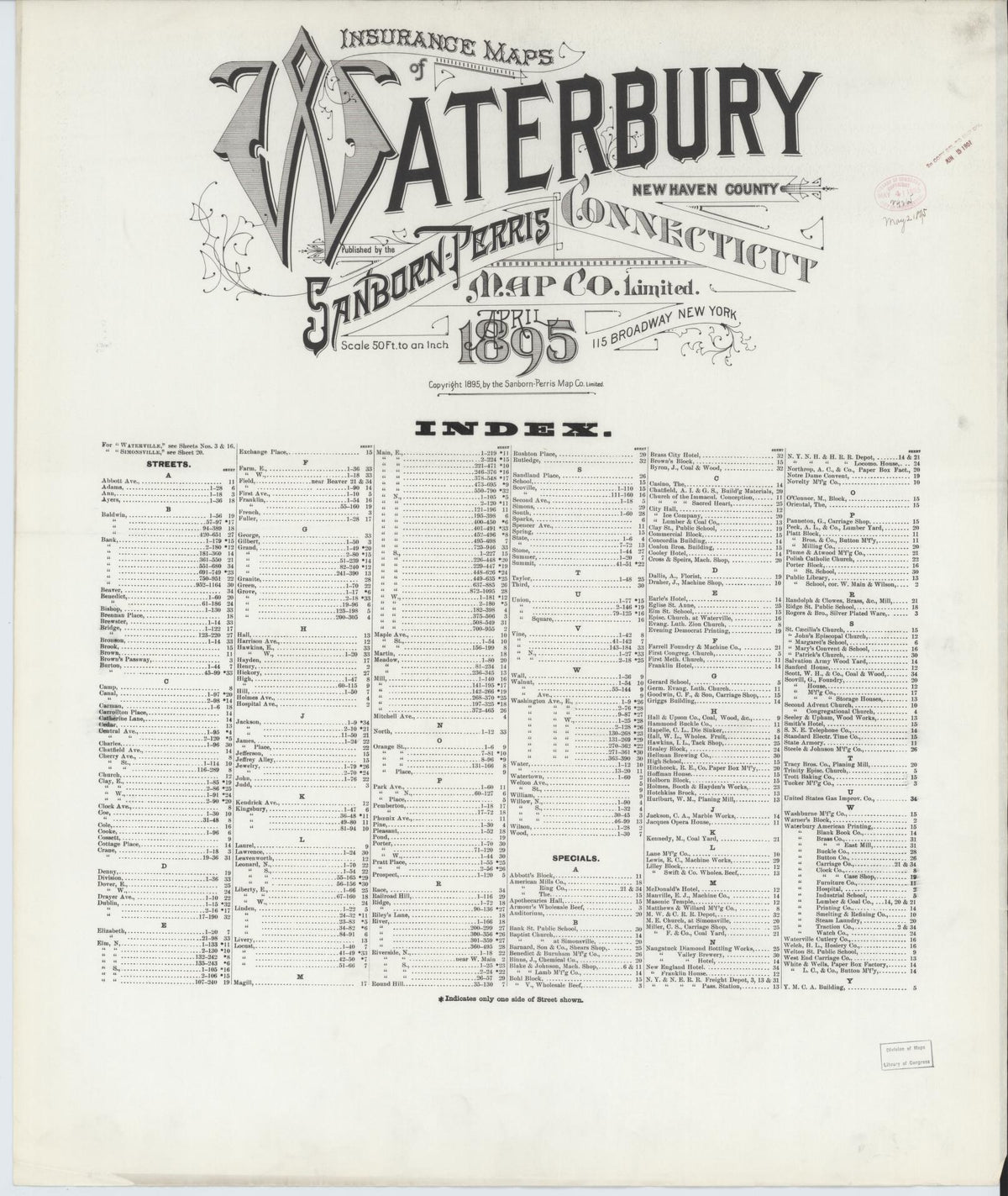 Sanborn Fire Insurance Map from Waterbury, New Haven County, Connecticut (1895), Sheet #0001 - Historic Sanborn Fire Insurance Map Print, vintage old map wall art, antique decor, genealogy gift, Connecticut Connecticut map