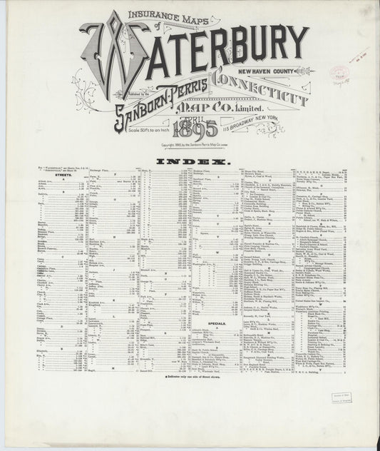 Sanborn Fire Insurance Map from Waterbury, New Haven County, Connecticut (1895), Sheet #0001 - Historic Sanborn Fire Insurance Map Print, vintage old map wall art, antique decor, genealogy gift, Connecticut Connecticut map