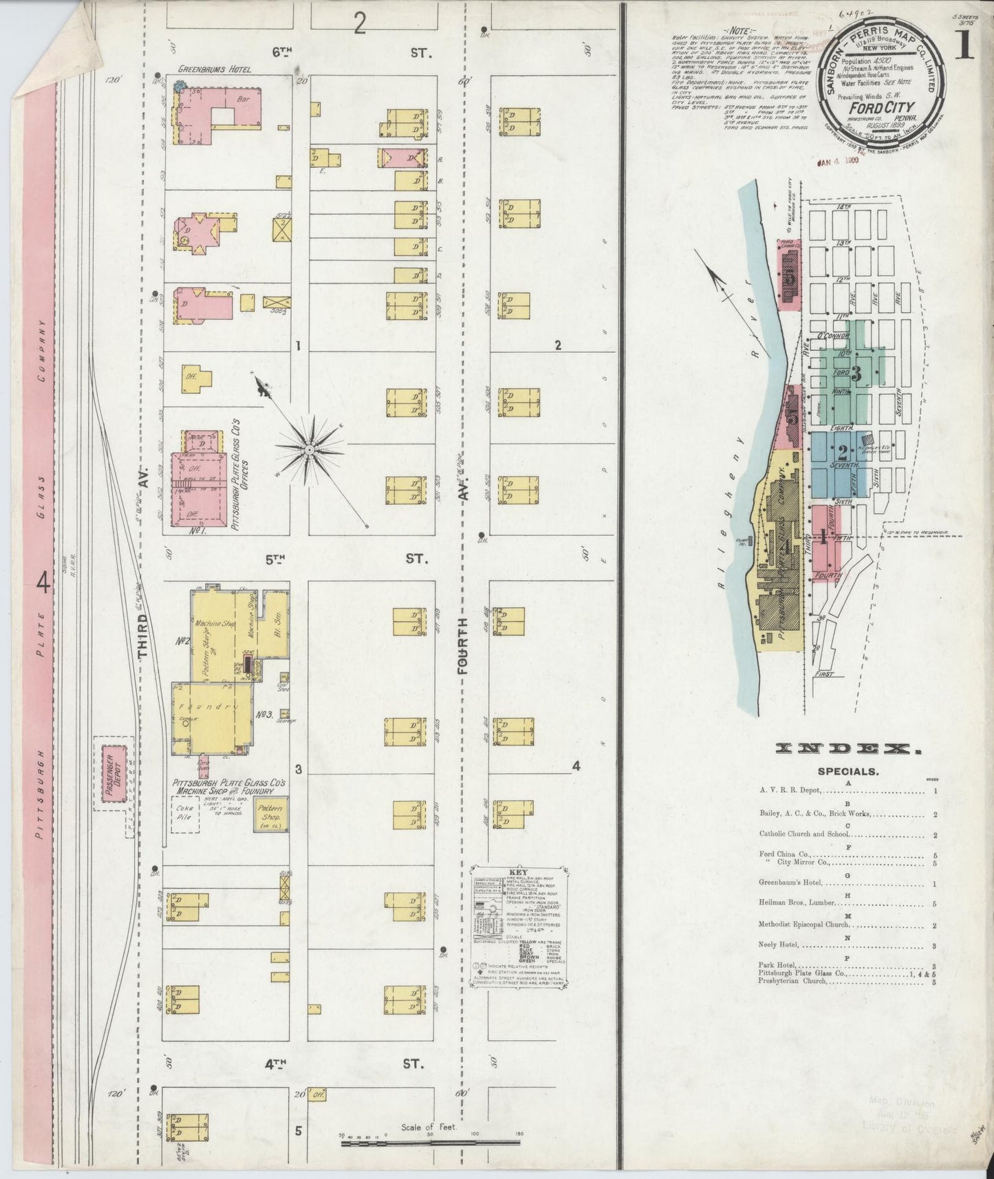 Sanborn Fire Insurance Map from Ford City, Armstrong County, Pennsylvania (1899), Sheet #0001 - Historic Sanborn Fire Insurance Map Print, vintage old map wall art, antique decor, genealogy gift, Pennsylvania Pennsylvania map