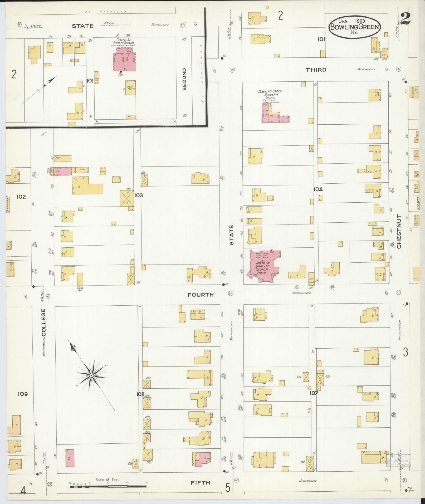 Sanborn Fire Insurance Map from Bowling Green, Warren County, Kentucky (1909), Sheet #0002 - Historic Sanborn Fire Insurance Map Print, vintage old map wall art, antique decor, genealogy gift, Kentucky Kentucky map