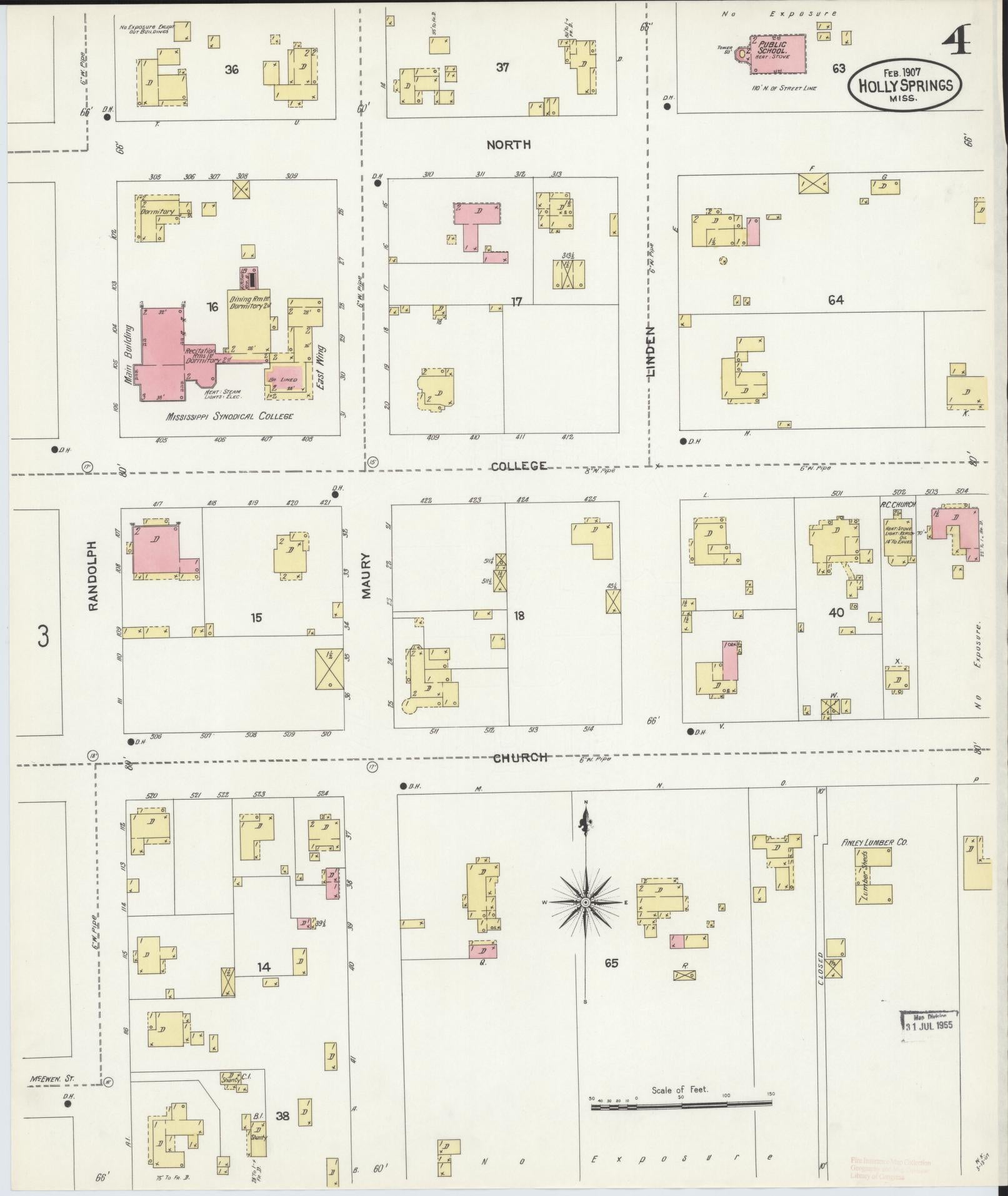 Sanborn Fire Insurance Map from Holly Springs, Marshall County, Mississippi (1907), Sheet #0004 - Historic Sanborn Fire Insurance Map Print, vintage old map wall art, antique decor, genealogy gift, Mississippi Mississippi map
