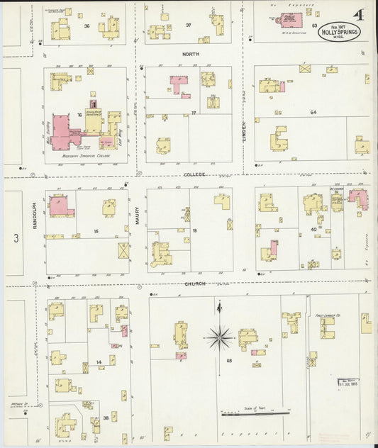 Sanborn Fire Insurance Map from Holly Springs, Marshall County, Mississippi (1907), Sheet #0004 - Historic Sanborn Fire Insurance Map Print, vintage old map wall art, antique decor, genealogy gift, Mississippi Mississippi map
