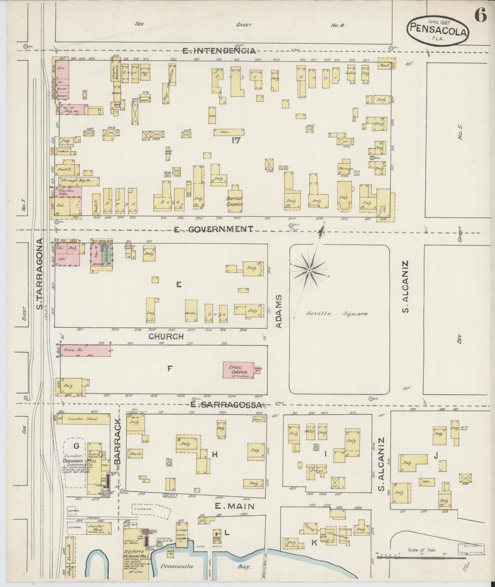 Sanborn Fire Insurance Map from Pensacola, Escambia County, Florida (1887), Sheet #0006 - Complete Map Set gallery image, historic Sanborn map, vintage wall art, Florida Florida