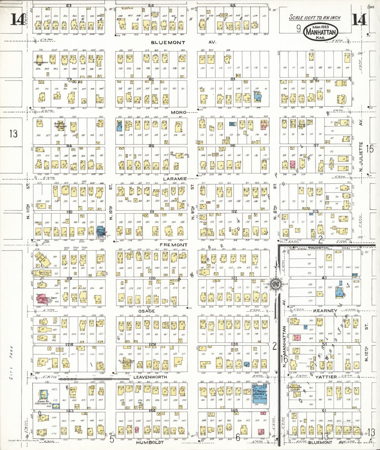 Sanborn Fire Insurance Map from Manhattan, Riley County, Kansas (1923), Sheet #0014 - Complete Map Set gallery image, historic Sanborn map, vintage wall art, Kansas Kansas