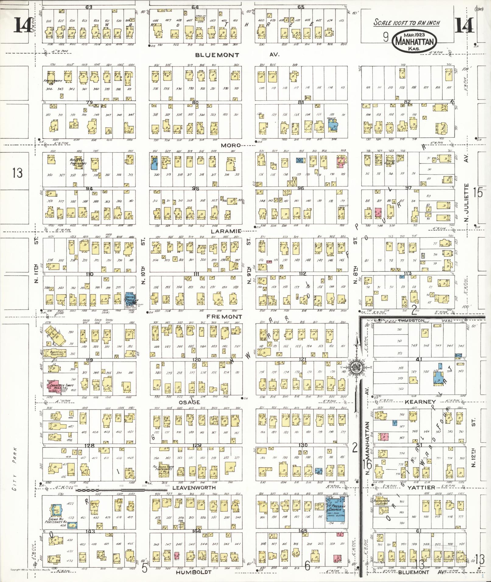 Sanborn Fire Insurance Map from Manhattan, Riley County, Kansas (1923), Sheet #0014 - Complete Map Set gallery image, historic Sanborn map, vintage wall art, Kansas Kansas