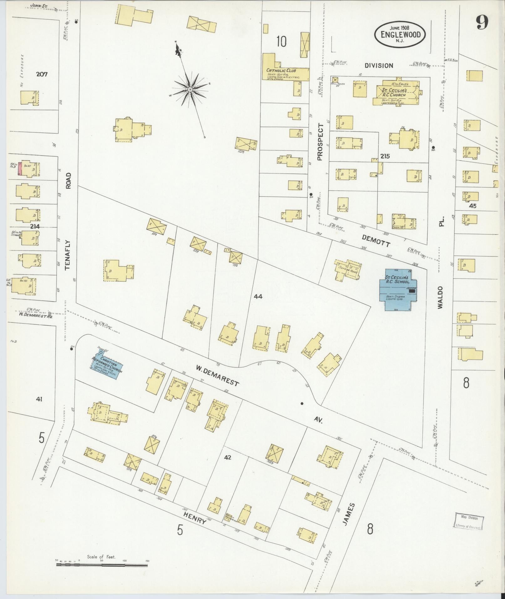 Sanborn Fire Insurance Map from Englewood, Bergen County, New Jersey (1908), Sheet #0009 - Complete Map Set gallery image, historic Sanborn map, vintage wall art, New Jersey New Jersey