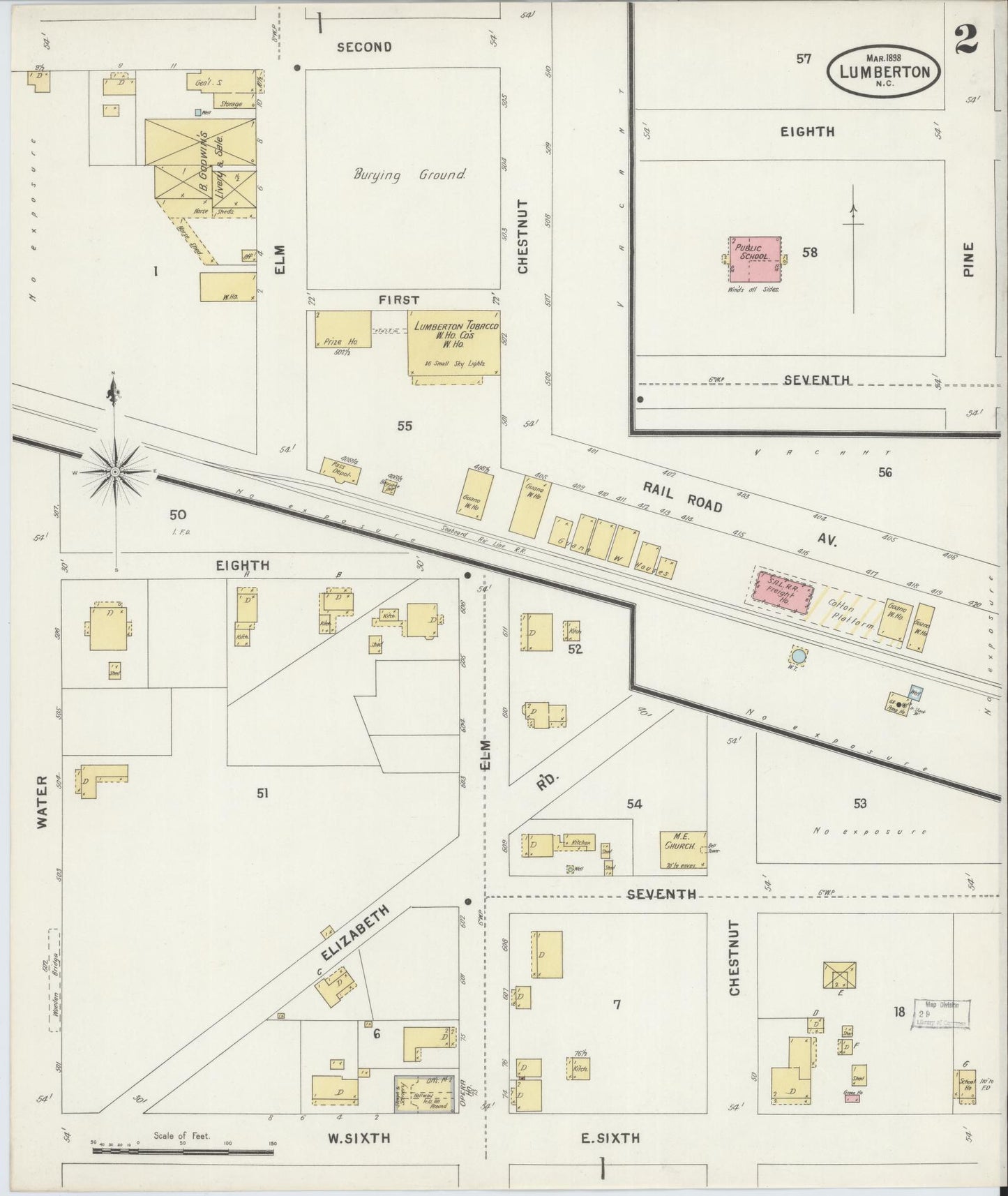 Sanborn Fire Insurance Map from Lumberton, Robeson County, North Carolina (1898), Sheet #0002 - Complete Map Set gallery image, historic Sanborn map, vintage wall art, North Carolina North Carolina