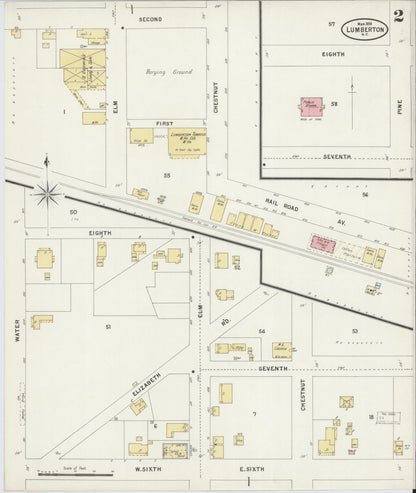 Sanborn Fire Insurance Map from Lumberton, Robeson County, North Carolina (1898), Sheet #0002 - Complete Map Set gallery image, historic Sanborn map, vintage wall art, North Carolina North Carolina