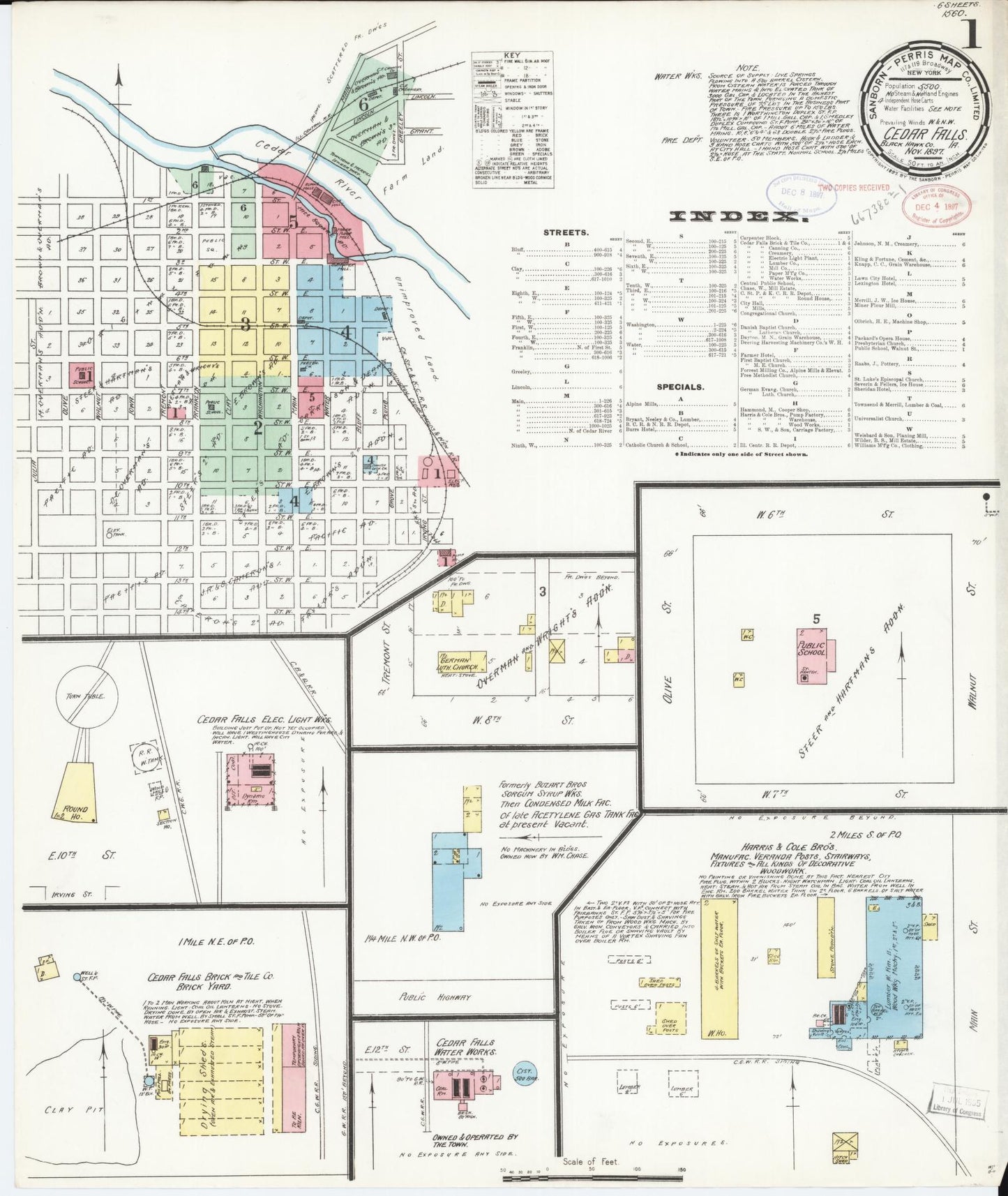 Sanborn Fire Insurance Map from Cedar Falls, Black Hawk County, Iowa (1897), Sheet #0001 - Historic Sanborn Fire Insurance Map Print, vintage old map wall art