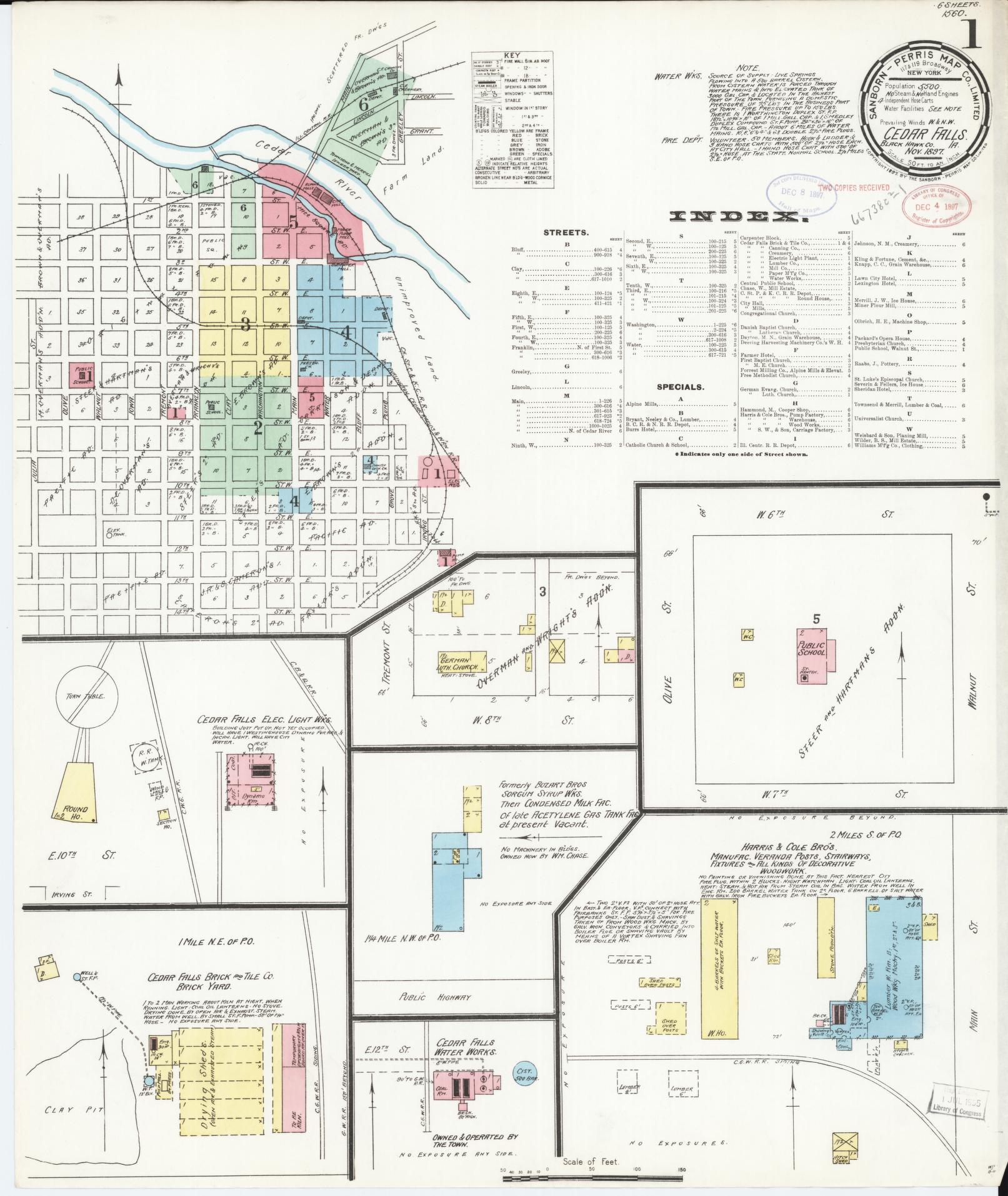 Sanborn Fire Insurance Map from Cedar Falls, Black Hawk County, Iowa (1897), Sheet #0001 - Historic Sanborn Fire Insurance Map Print, vintage old map wall art