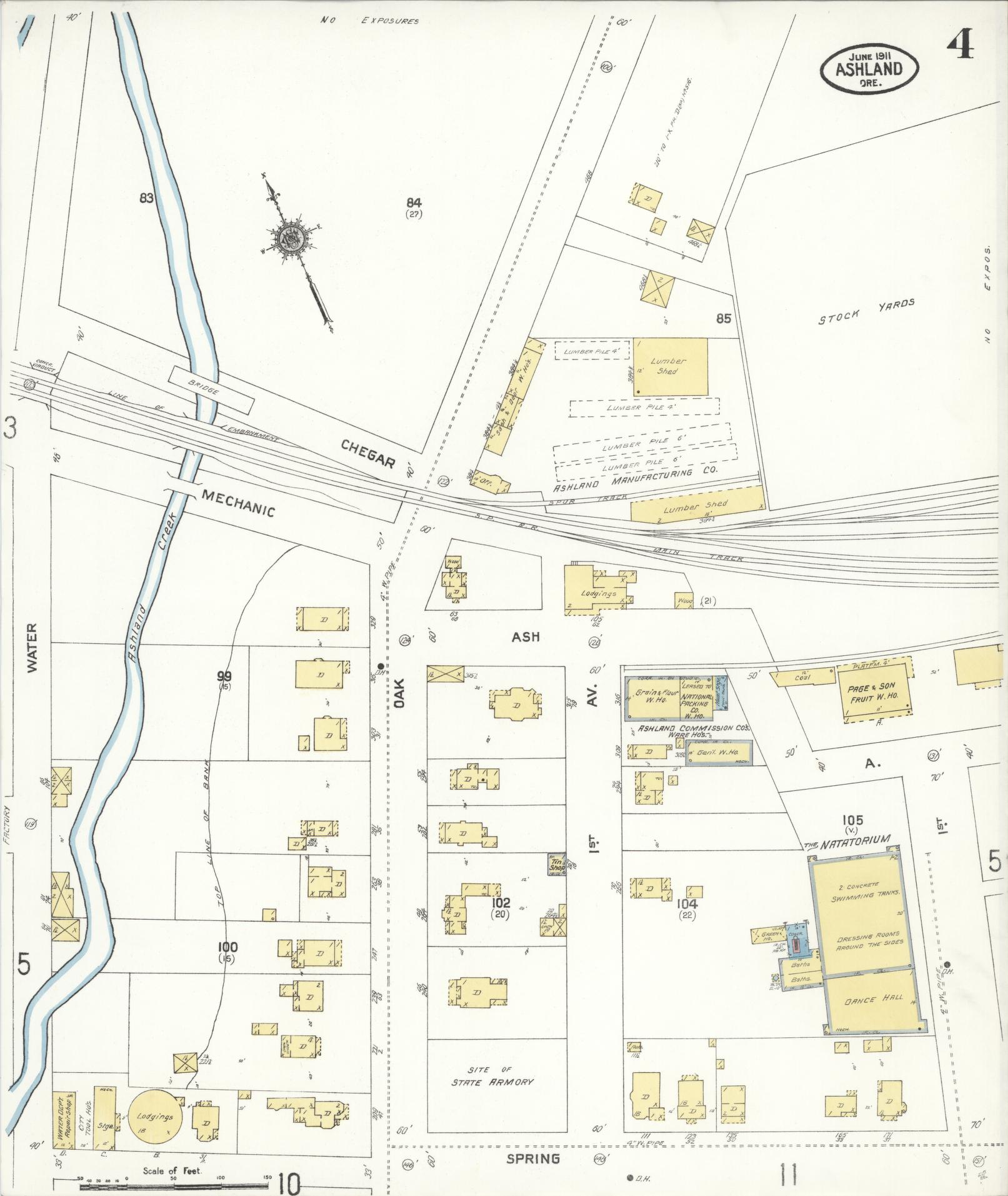 Sanborn Fire Insurance Map from Ashland, Jackson County, Oregon (1911), Sheet #0004 - Historic Sanborn Fire Insurance Map Print, vintage old map wall art, antique decor, genealogy gift, Oregon Oregon map