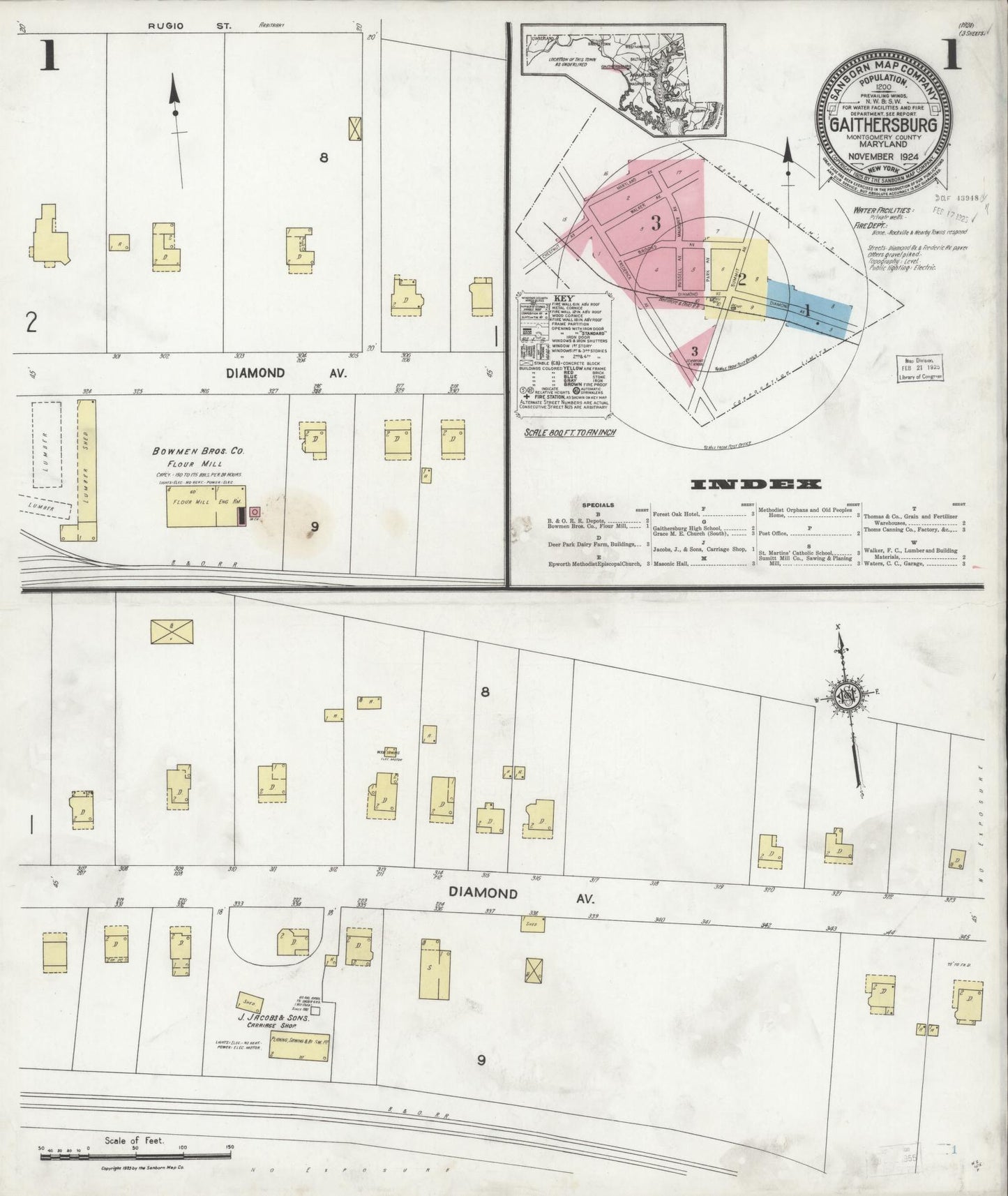 Sanborn Fire Insurance Map from Gaithersburg, Montgomery County, Maryland (1924), Sheet #0001 - Historic Sanborn Fire Insurance Map Print, vintage old map wall art, antique decor, genealogy gift, Maryland Maryland map