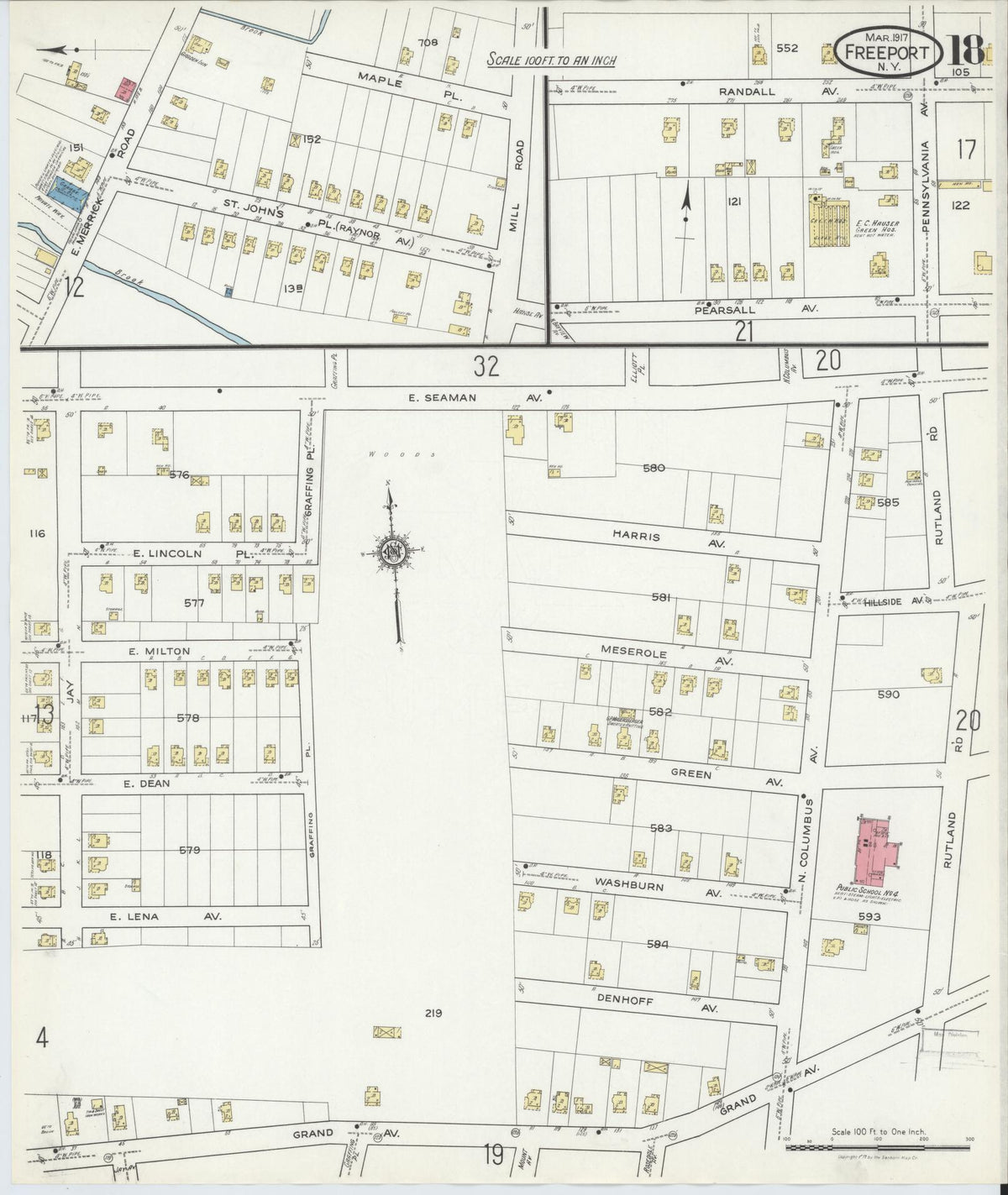 Sanborn Fire Insurance Map from Freeport, Nassau County, New York (1917), Sheet #0018 - Historic Sanborn Fire Insurance Map Print, vintage old map wall art, antique decor, genealogy gift, New York New York map