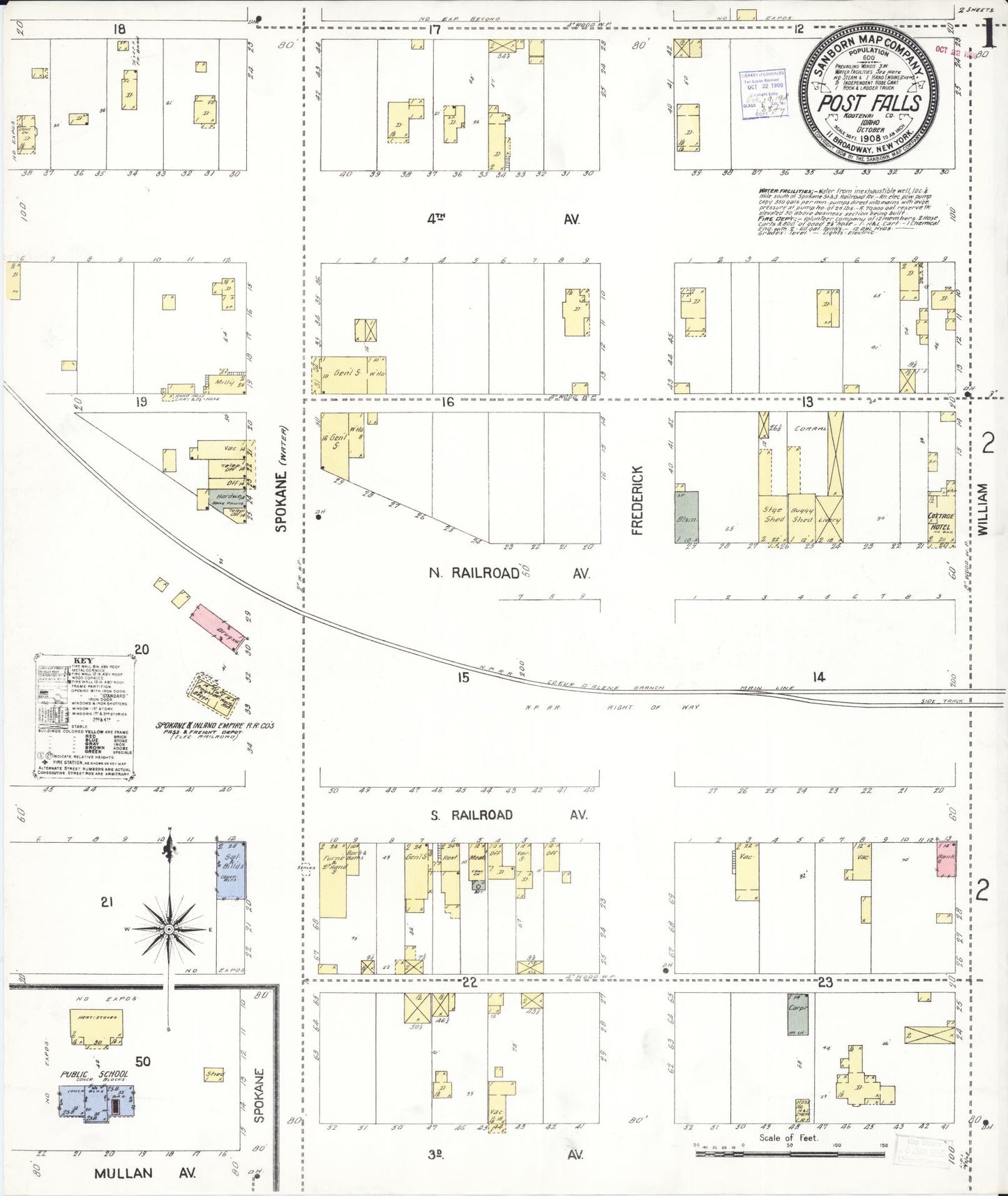 Sanborn Fire Insurance Map from Post Falls, Kootenai County, Idaho (1908), Sheet #0001 - Complete Map Set gallery image, historic Sanborn map, vintage wall art, Idaho Idaho