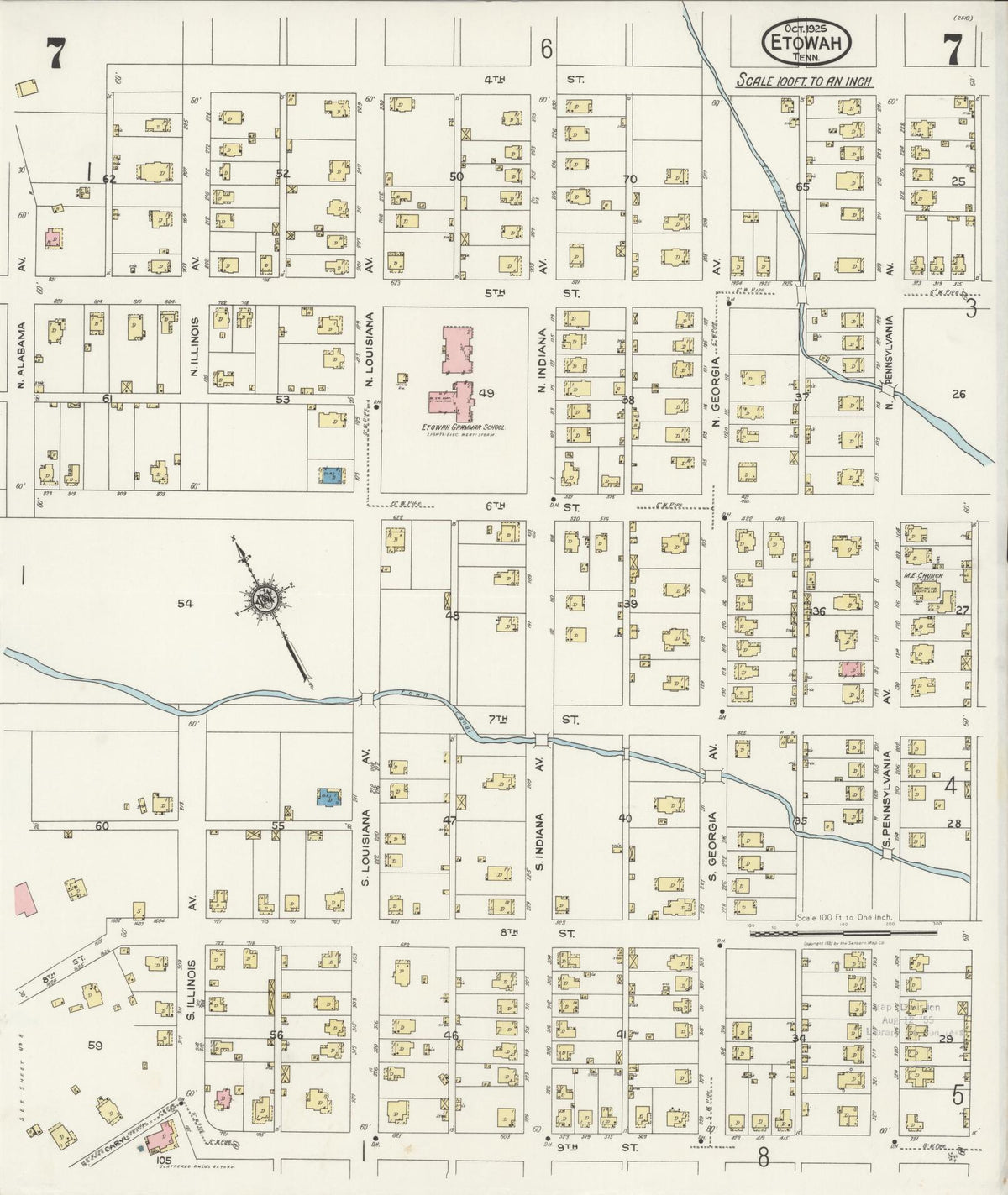 Sanborn Fire Insurance Map from Etowah, McMinn County, Tennessee (1925), Sheet #0007 - Complete Map Set gallery image, historic Sanborn map, vintage wall art, Tennessee Tennessee