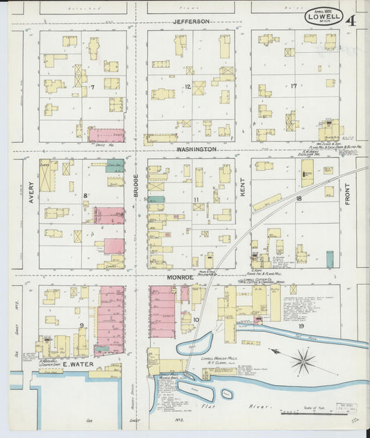 Sanborn Fire Insurance Map from Lowell, Kent County, Michigan (1892), Sheet #0004 - Historic Sanborn Fire Insurance Map Print, vintage old map wall art, antique decor, genealogy gift, Michigan Michigan map
