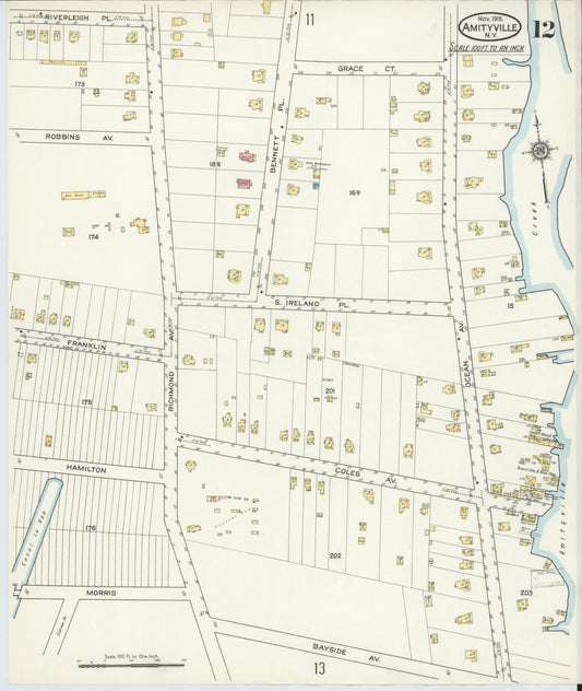 Sanborn Fire Insurance Map from Amityville, Suffolk County, New York (1915), Sheet #0012 - Historic Sanborn Fire Insurance Map Print, vintage old map wall art, antique decor, genealogy gift, New York New York map
