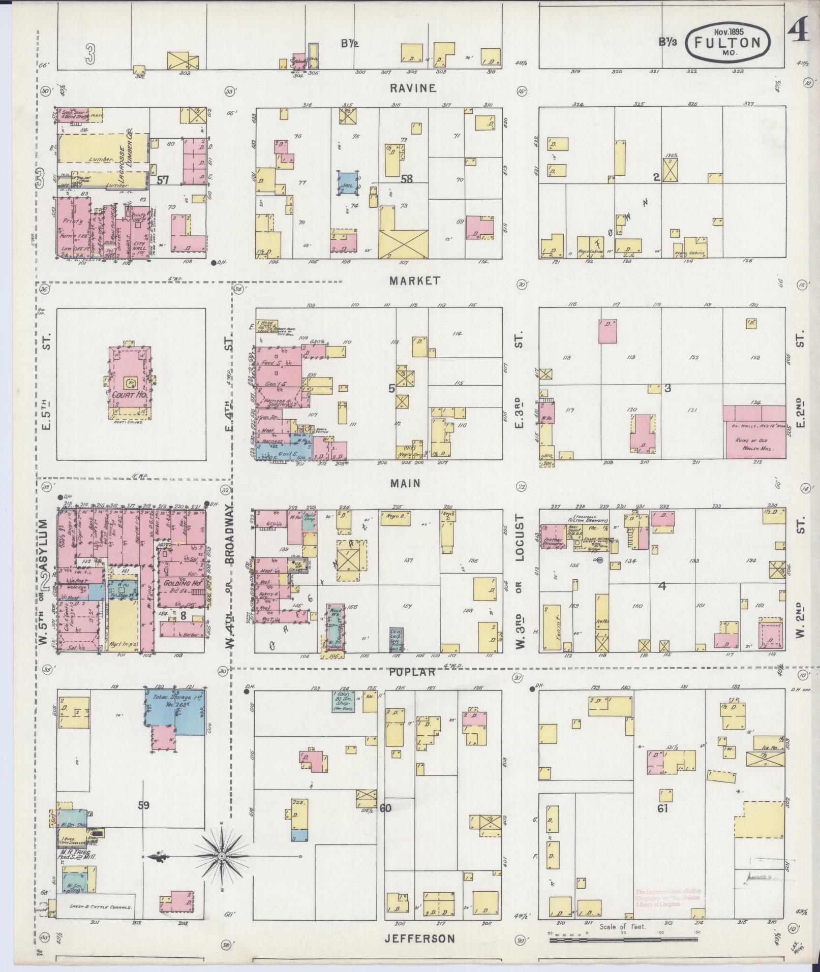 Sanborn Fire Insurance Map from Fulton, Callaway County, Missouri (1895), Sheet #0004 - Historic Sanborn Fire Insurance Map Print, vintage old map wall art, antique decor, genealogy gift, Missouri Missouri map