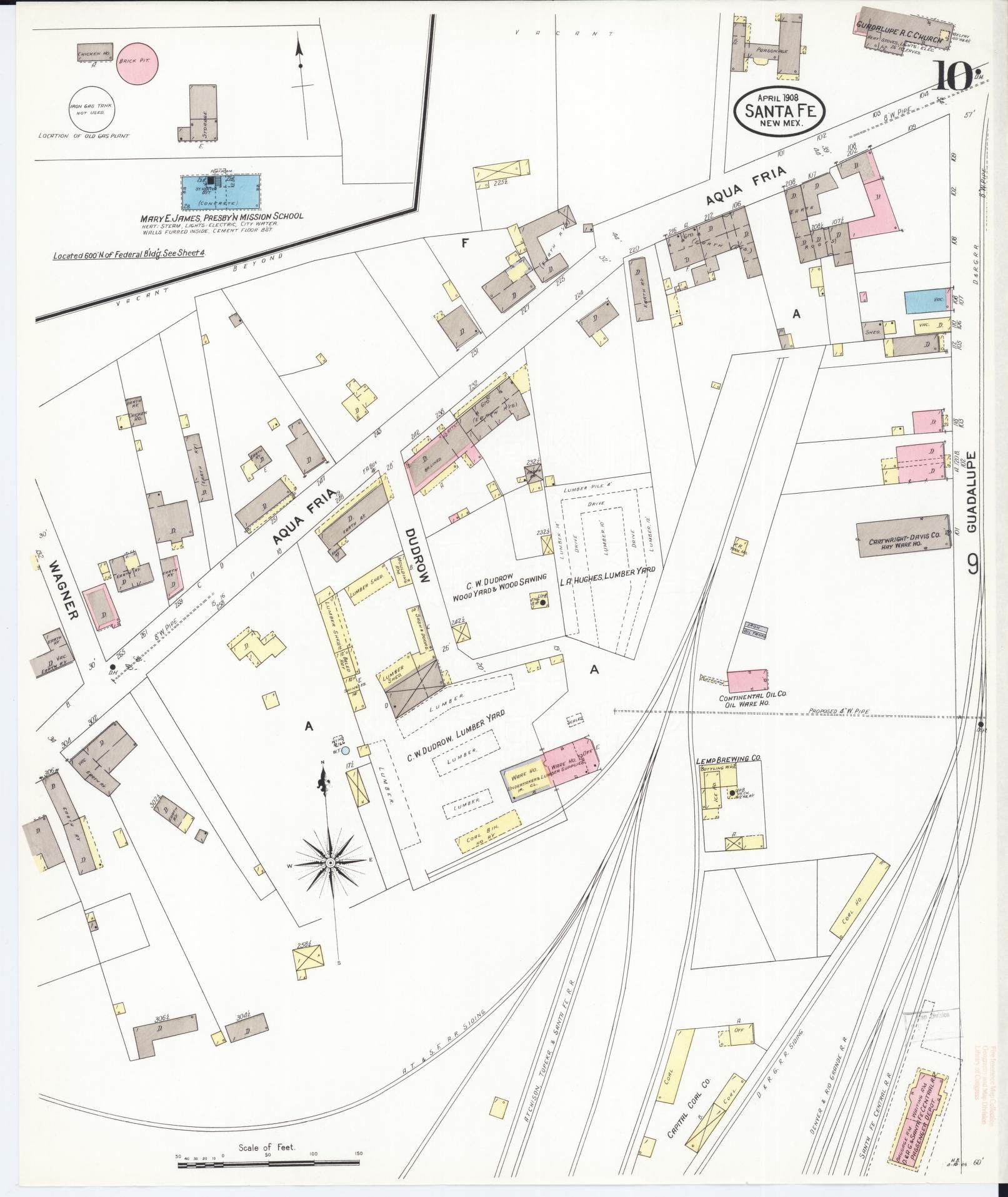 Sanborn Fire Insurance Map from Santa Fe, Santa Fe County, New Mexico (1908), Sheet #0010 - Complete Map Set gallery image, historic Sanborn map, vintage wall art, New Mexico New Mexico