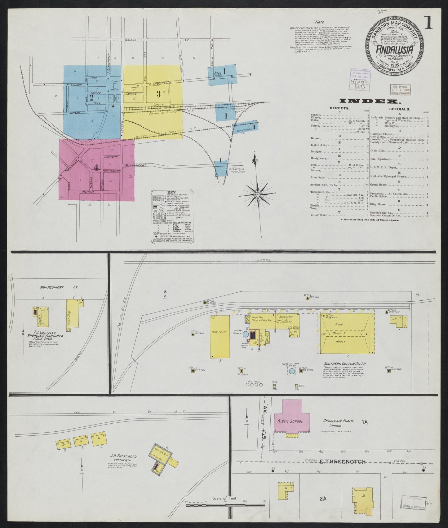 Sanborn Fire Insurance Map from Andalusia, Covington County, Alabama (1905), Sheet #0001 - Historic Sanborn Fire Insurance Map Print, vintage old map wall art, antique decor, genealogy gift, Alabama Alabama map